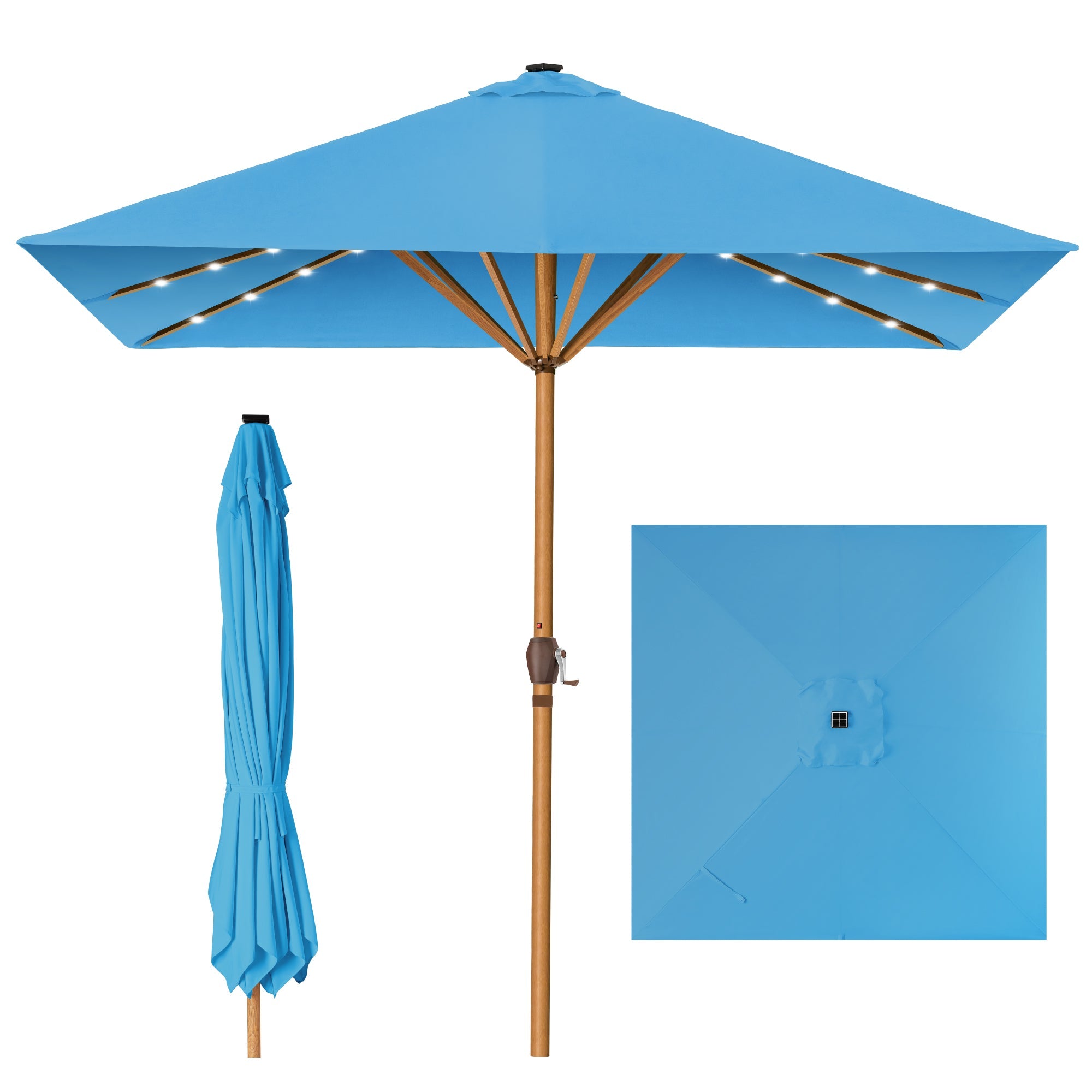 Square Solar LED Lighted Patio Umbrella w/ Woodgrain Pattern - 9ft - Sky Blue