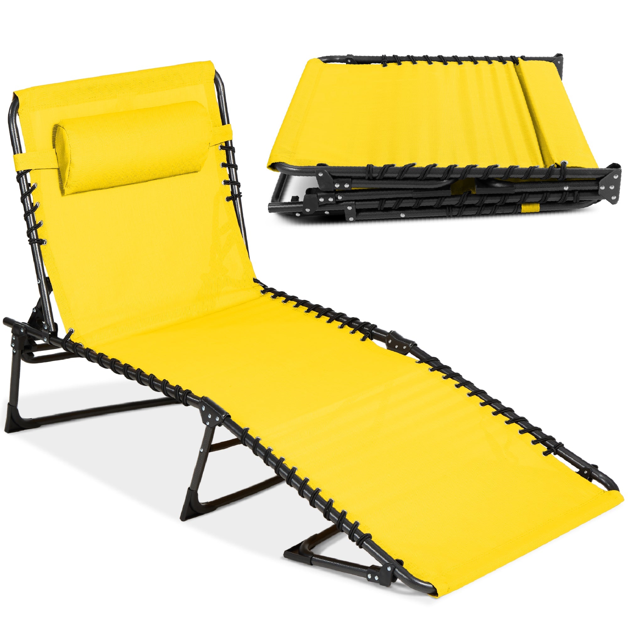 Portable Patio Chaise Lounge Chair Outdoor Recliner w/ Pillow - Yellow
