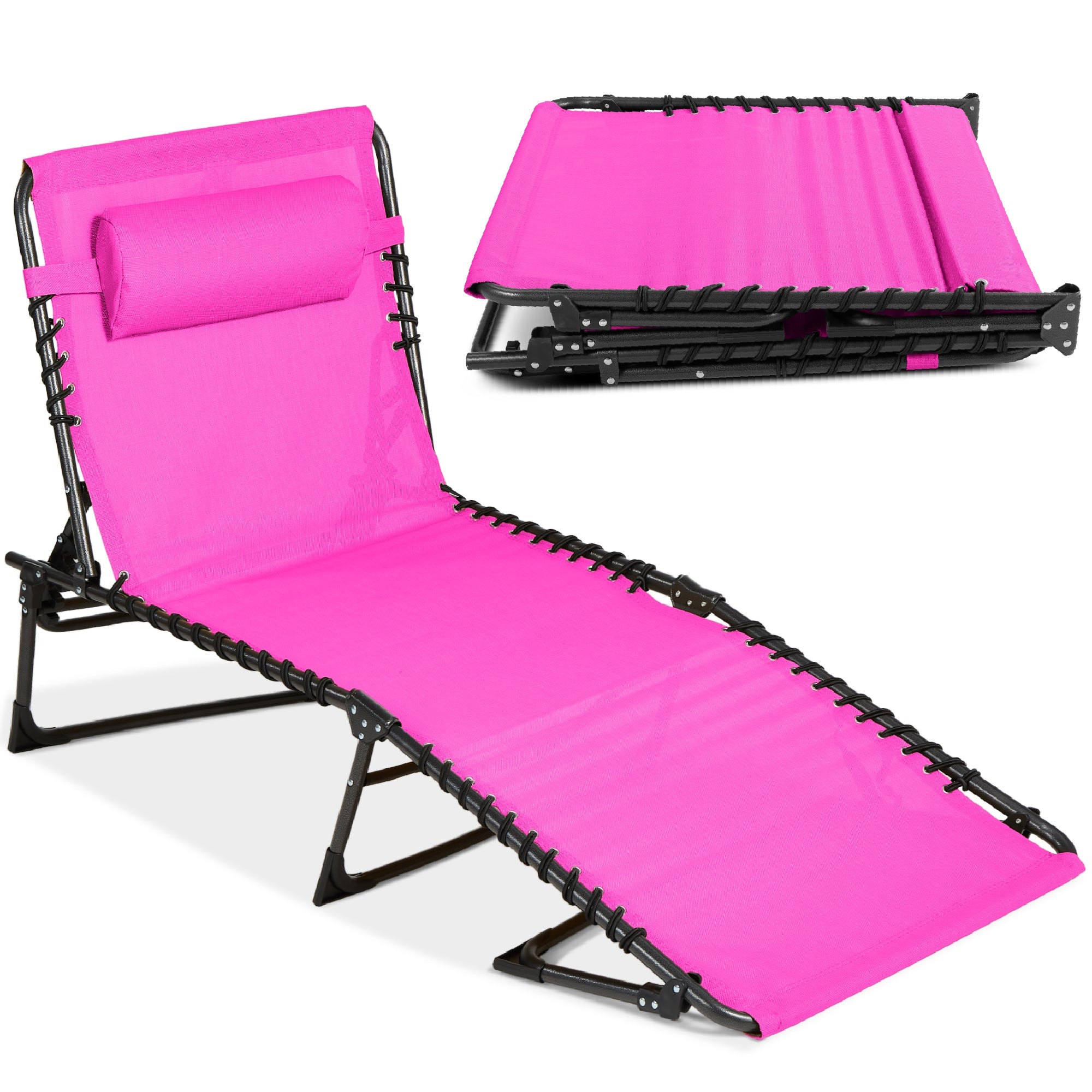 Portable Patio Chaise Lounge Chair Outdoor Recliner w/ Pillow - Hot Pink