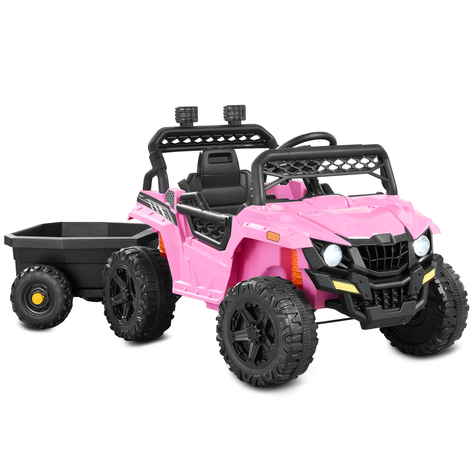 12V Kids Ride-On UTV and Trailer w/Parent Remote Control, LED Lights - Pink