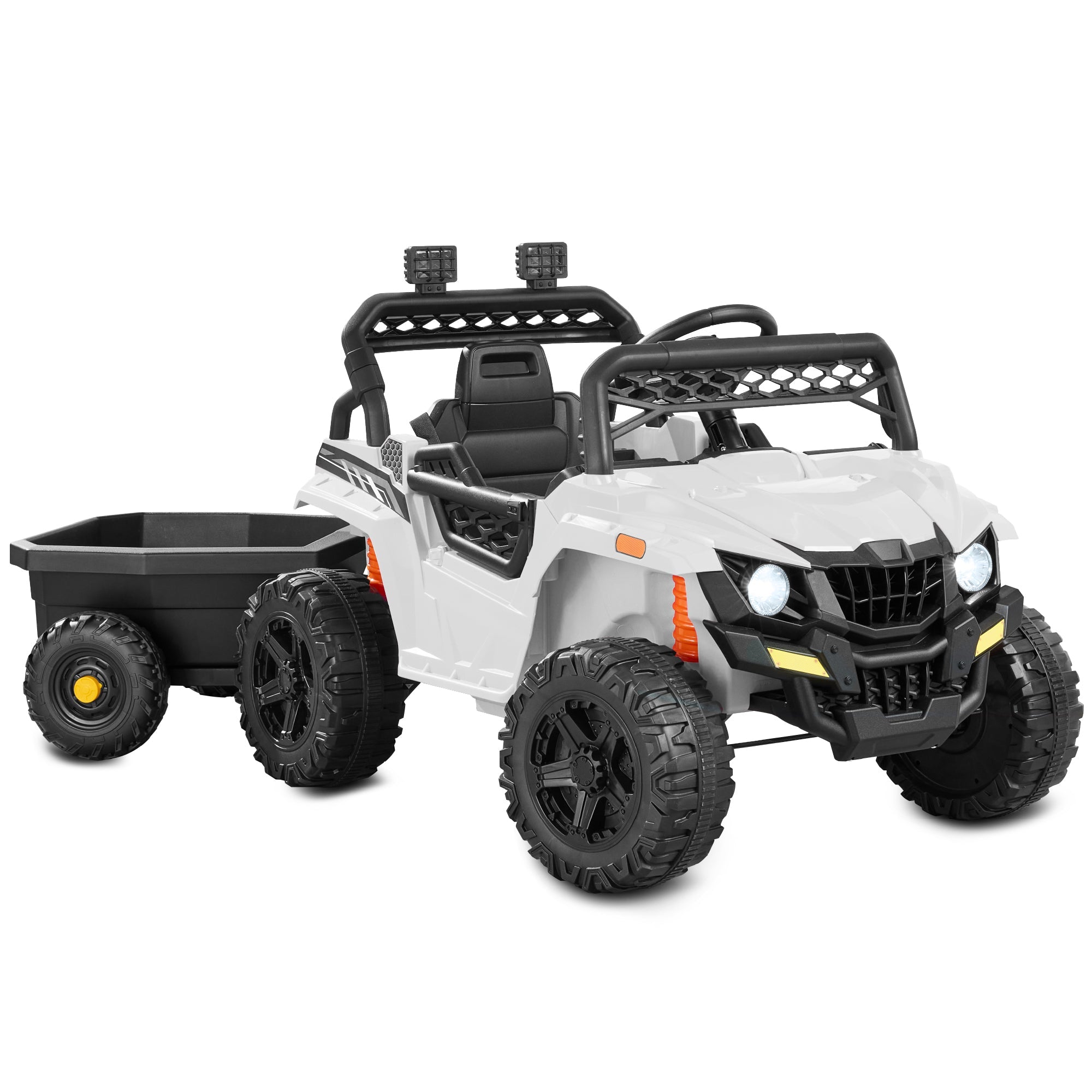 12V Kids Ride-On UTV and Trailer w/Parent Remote Control, LED Lights - White
