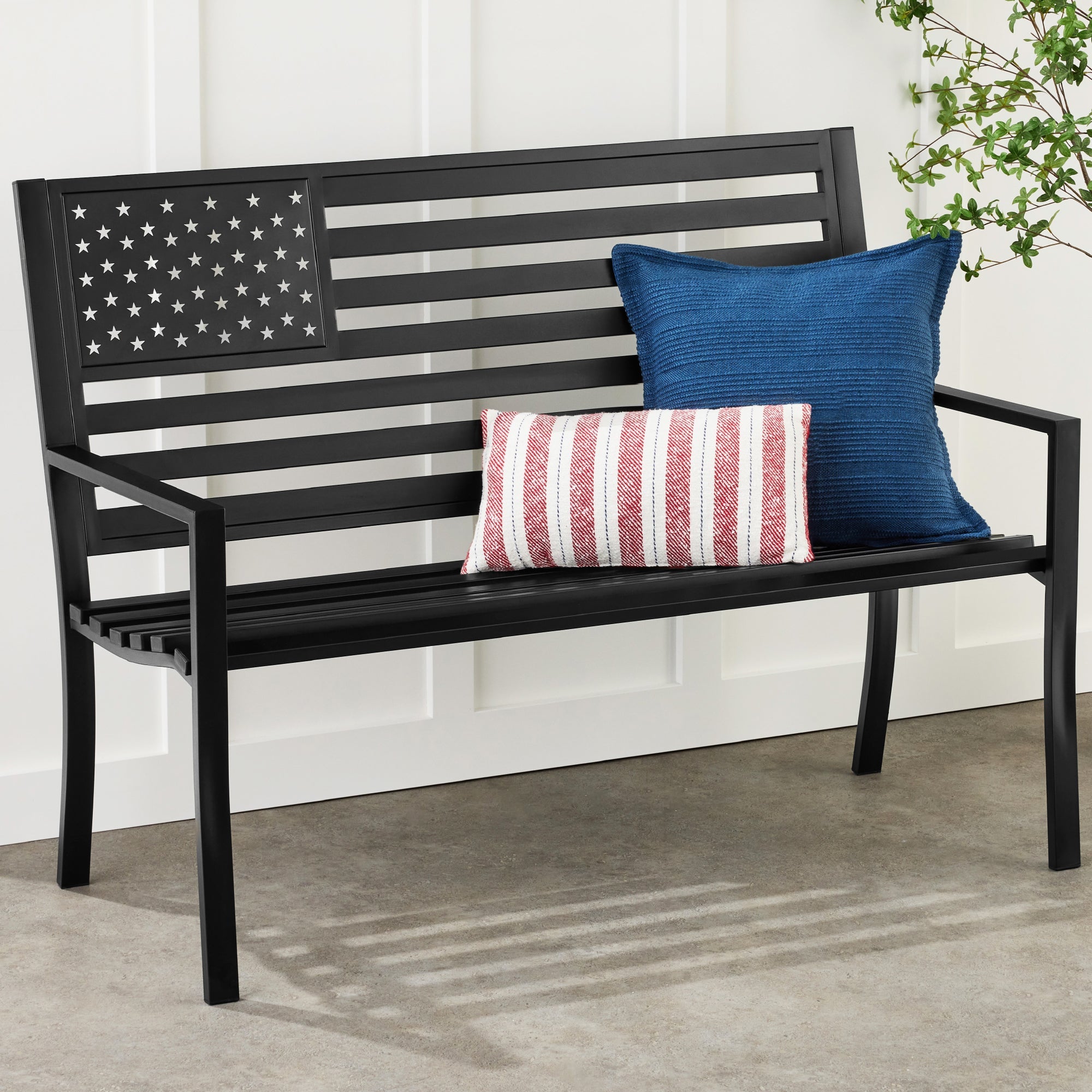 Indoor Outdoor Steel Bench w/ American Flag Backrest, 790lb Capacity - Black