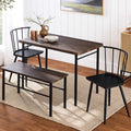 4-Piece Farmhouse Dining Table Set w/ 2 Black Spindle Chairs, Bench, Table - Dark Brown