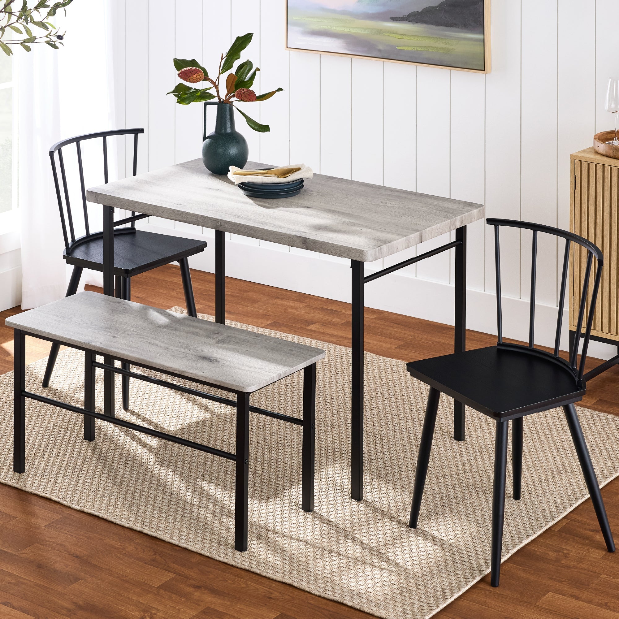4-Piece Farmhouse Dining Table Set w/ 2 Black Spindle Chairs, Bench, Table - Gray