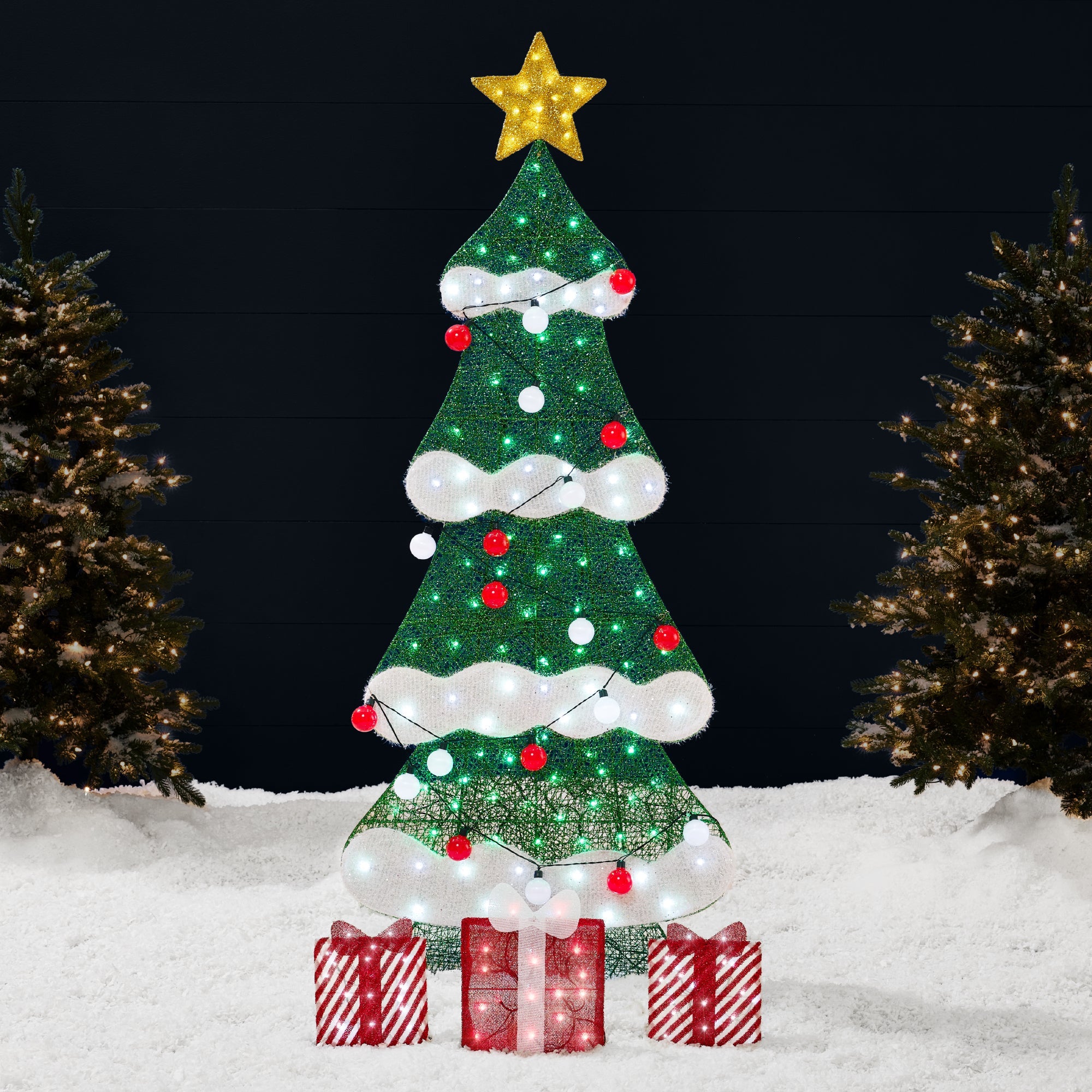 6ft Lighted 2D Christmas Tree Outdoor Decor w/ 170 LED Lights, 3 Gift Boxes - Red/White