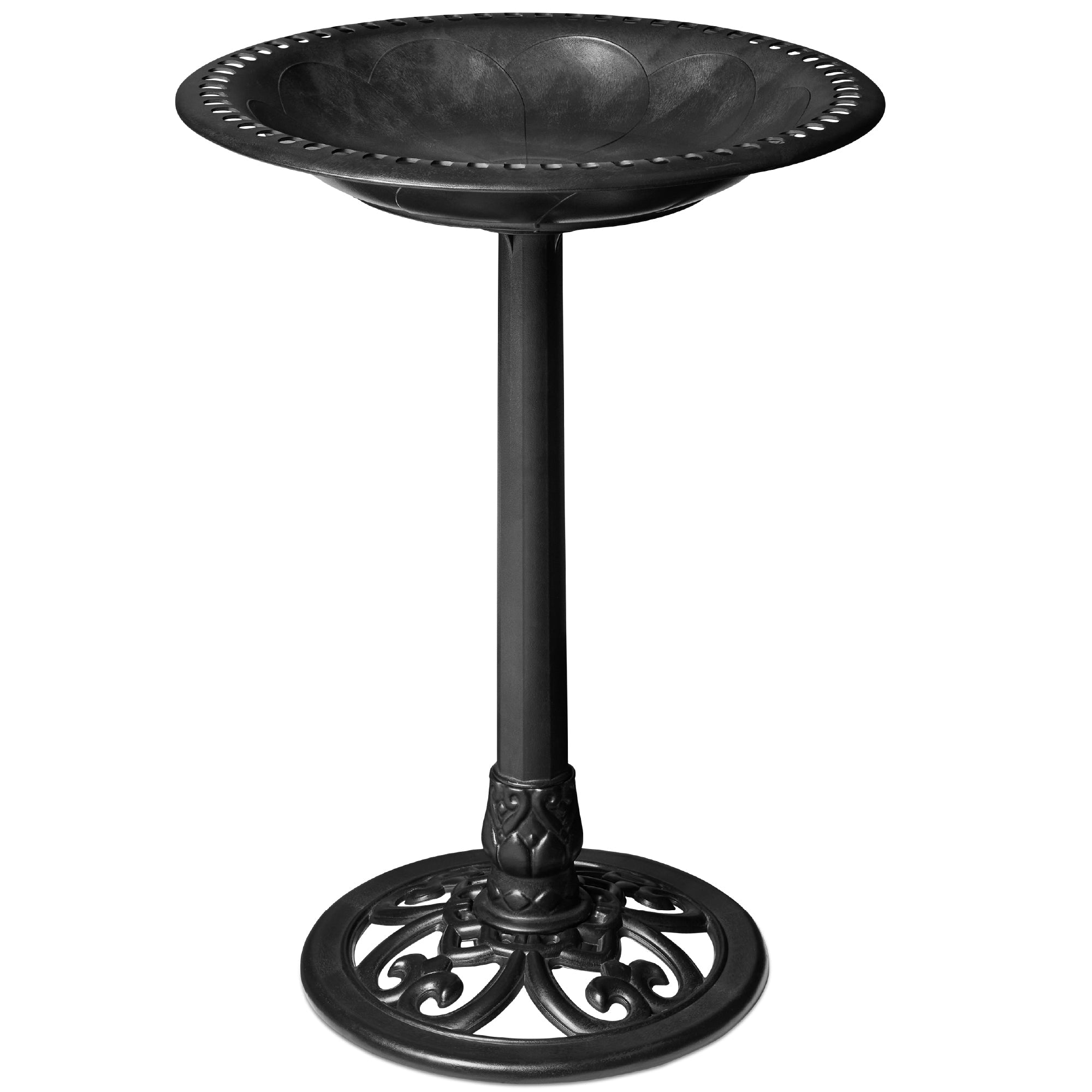Vintage Outdoor Garden Bird Bath w/ Fleur-de-Lis Accents - Black