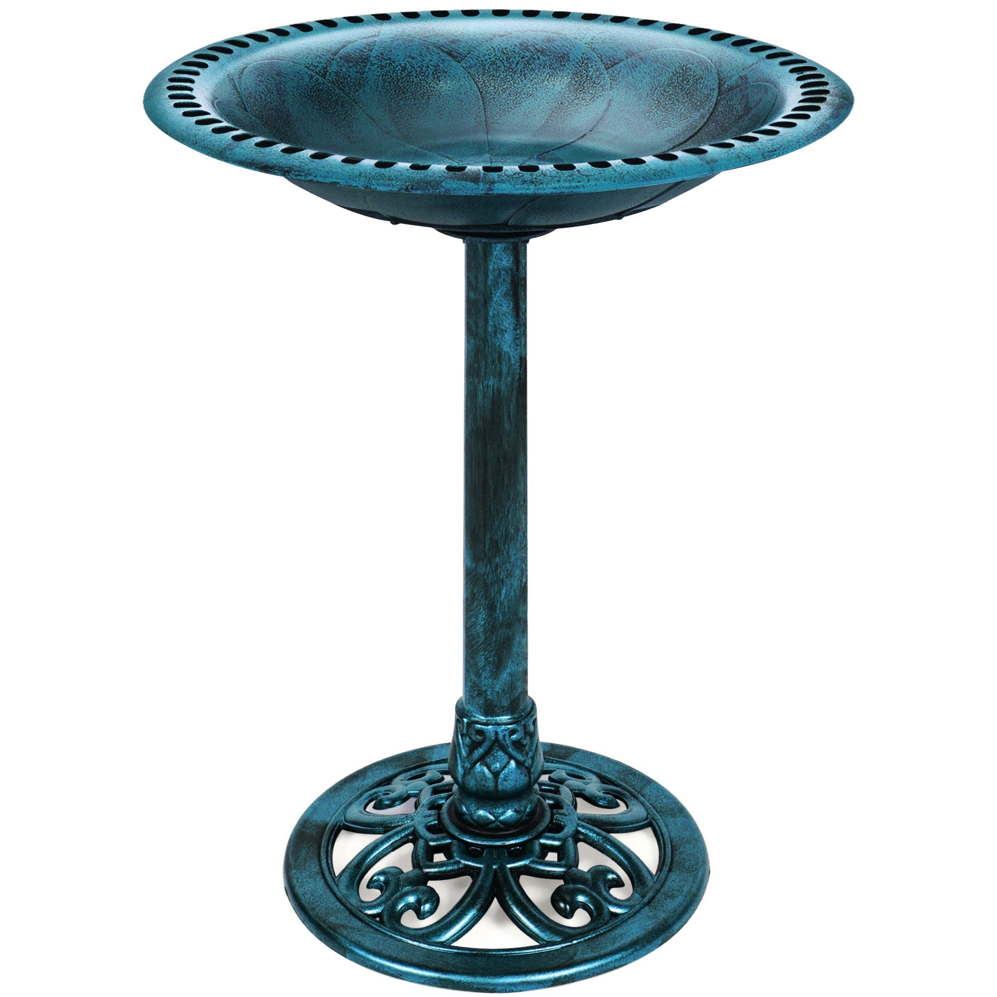 Vintage Outdoor Garden Bird Bath w/ Fleur-de-Lis Accents - Peacock Blue