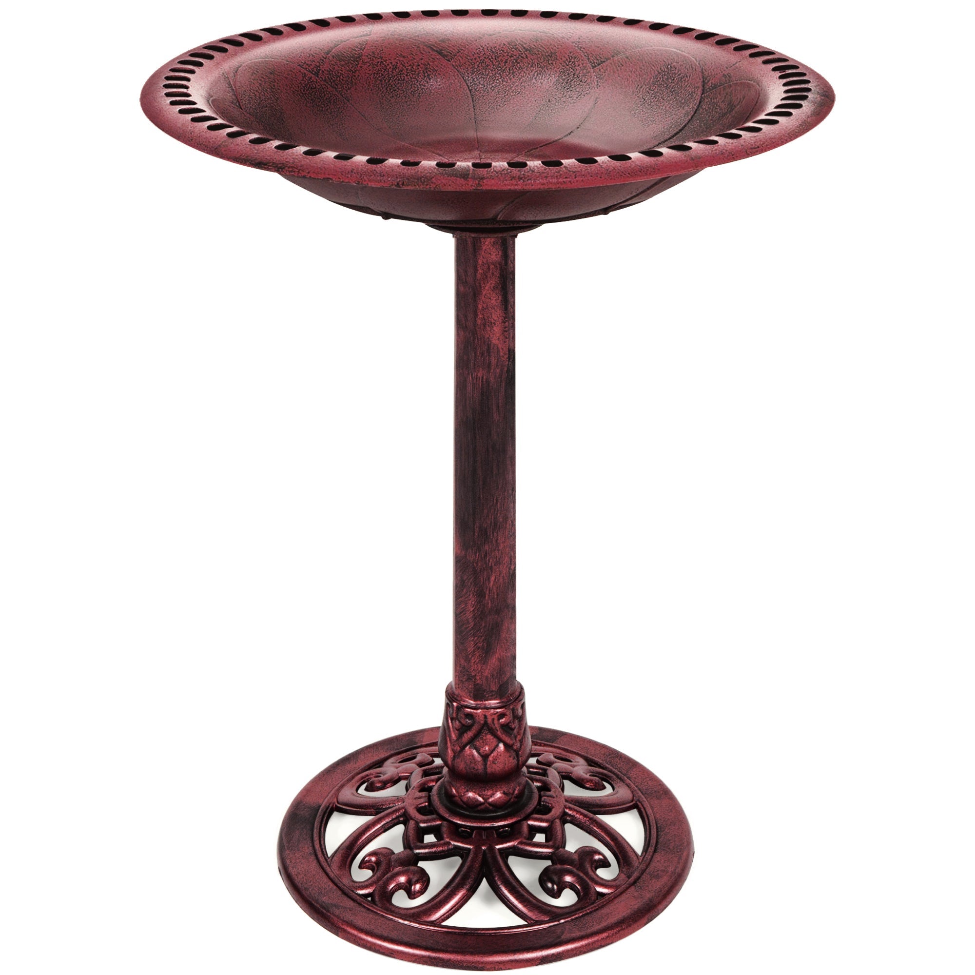 Vintage Outdoor Garden Bird Bath w/ Fleur-de-Lis Accents - Cherry Red
