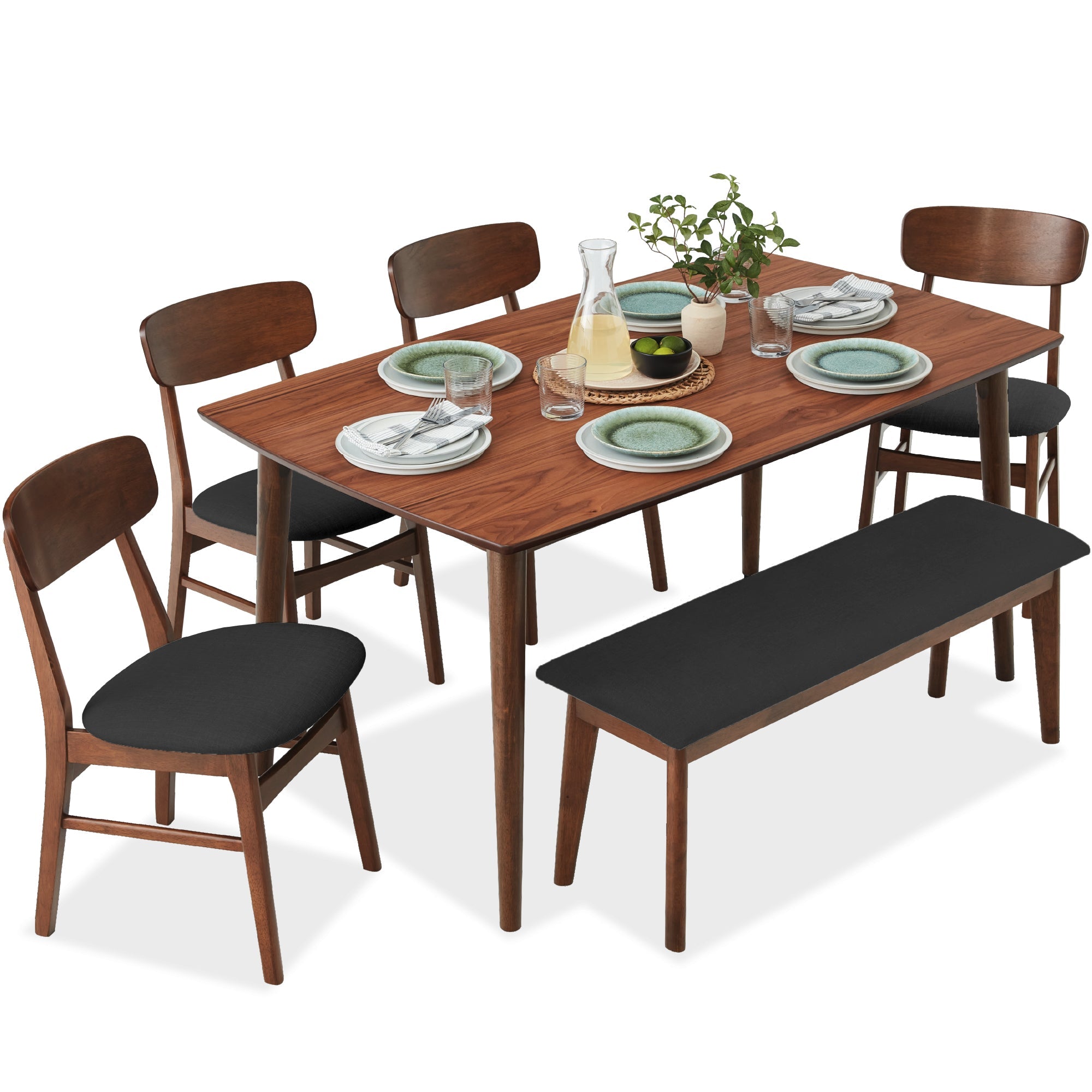 6-Piece Mid-Century Modern Upholstered Wooden Dining Set w/ 4 Chairs, Bench - Walnut/Charcoal