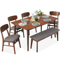 6-Piece Mid-Century Modern Upholstered Wooden Dining Set w/ 4 Chairs, Bench - Walnut/Gray
