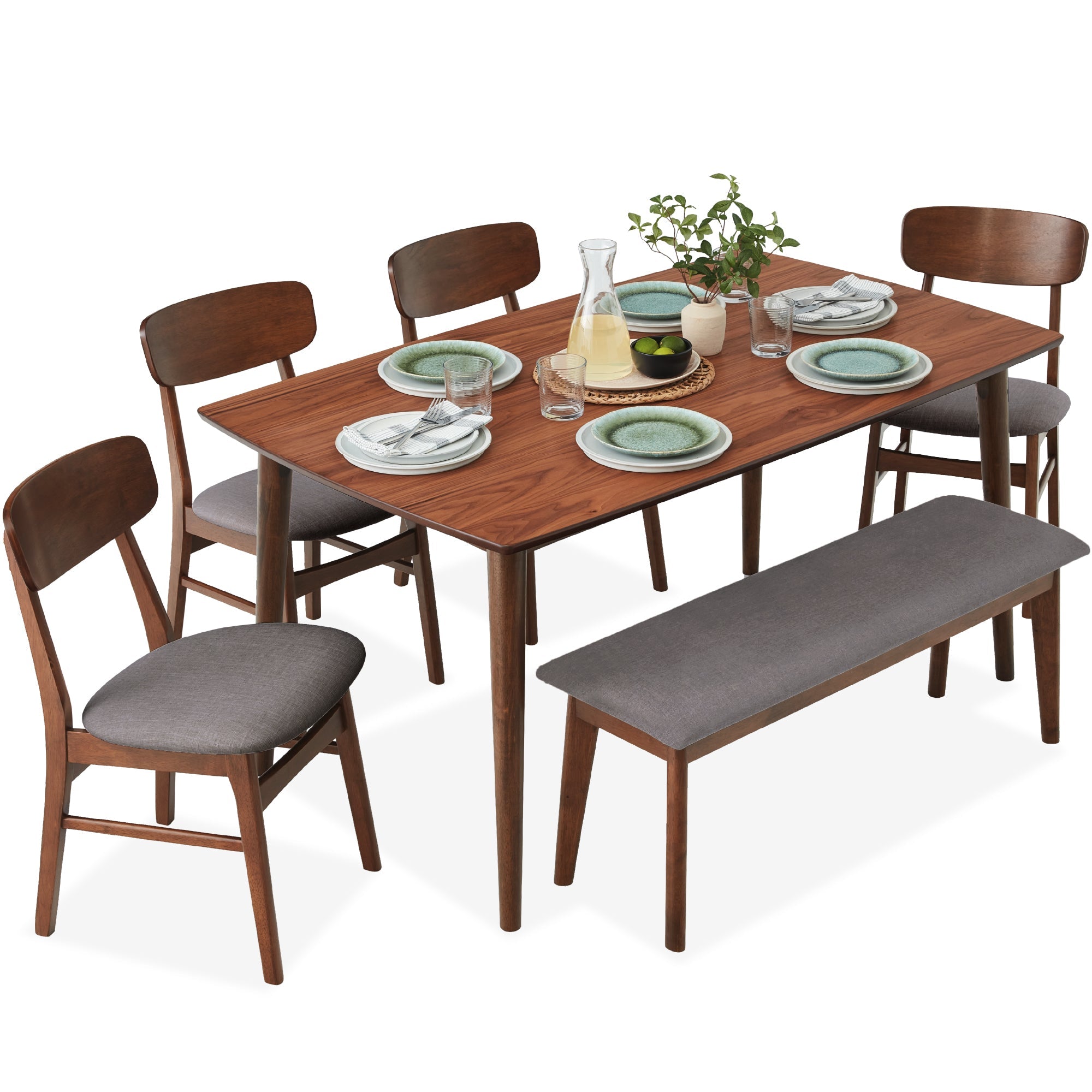6-Piece Mid-Century Modern Upholstered Wooden Dining Set w/ 4 Chairs, Bench - Walnut/Gray