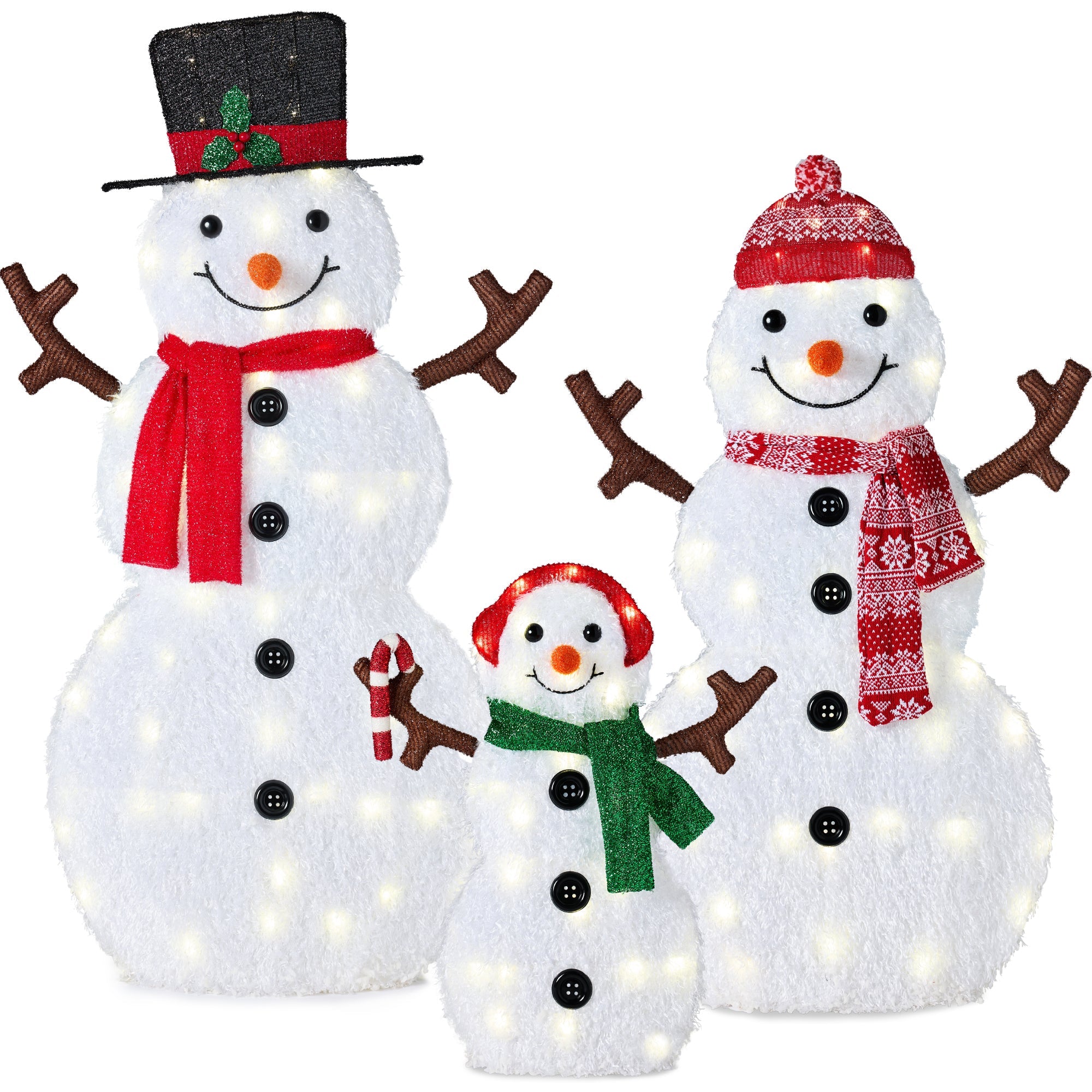 2D Lighted Snowman Family Set Outdoor Yard Decor w/ Twinkling LED Lights - 3-Piece
