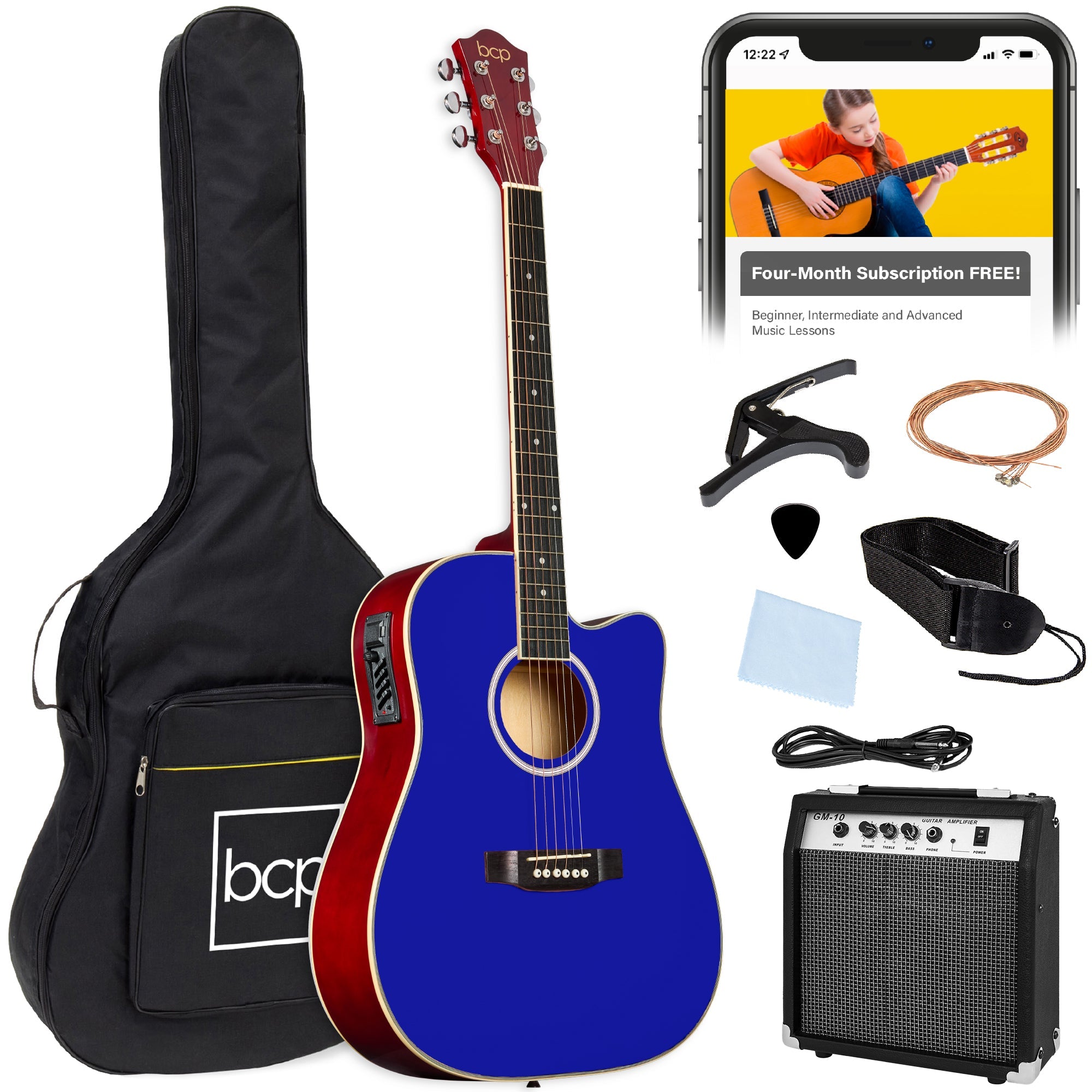 Beginner Acoustic Electric Cutaway Guitar Set w/ Gig Bag, Strap - 41in - Dark Blue