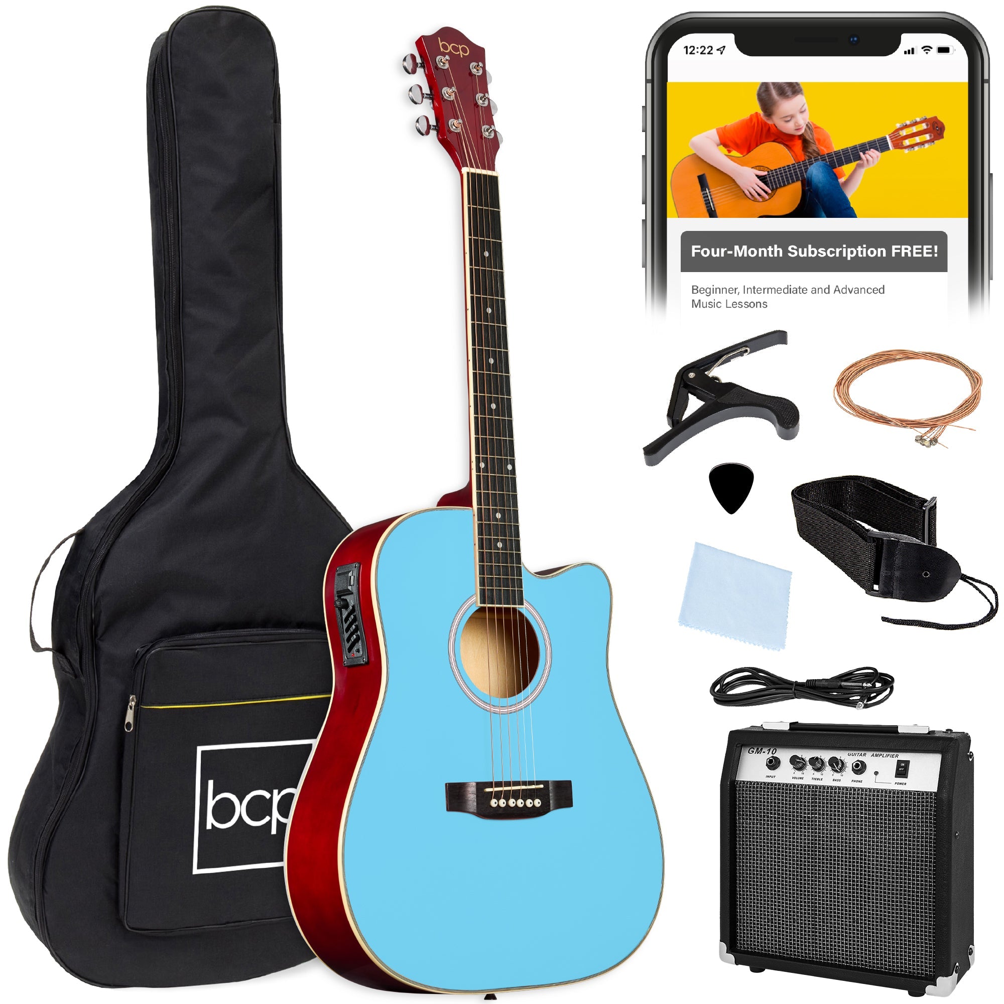 Beginner Acoustic Electric Cutaway Guitar Set w/ Gig Bag, Strap - 41in - Sky Blue