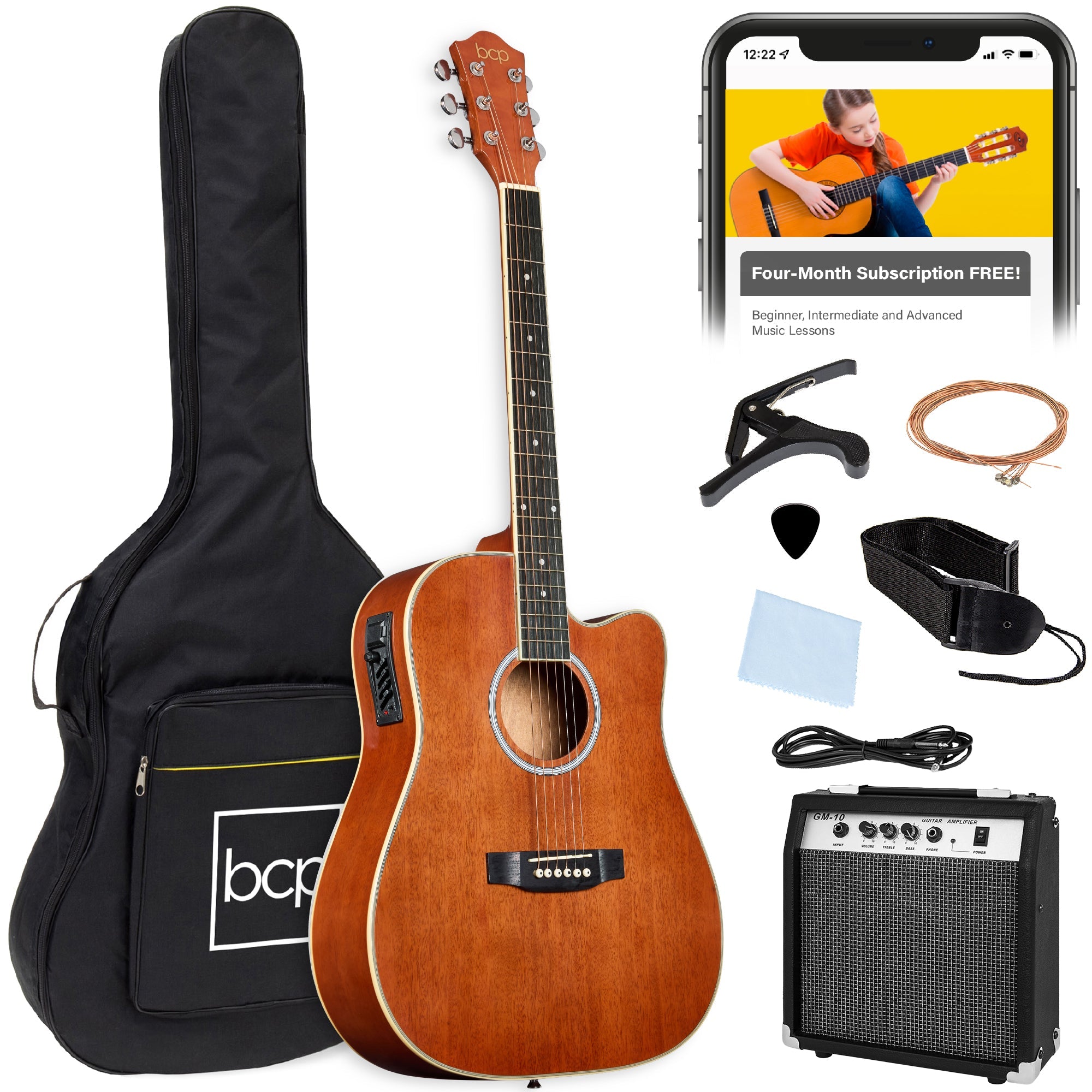 Beginner Acoustic Electric Cutaway Guitar Set w/ Gig Bag, Strap - 41in - Mahogany