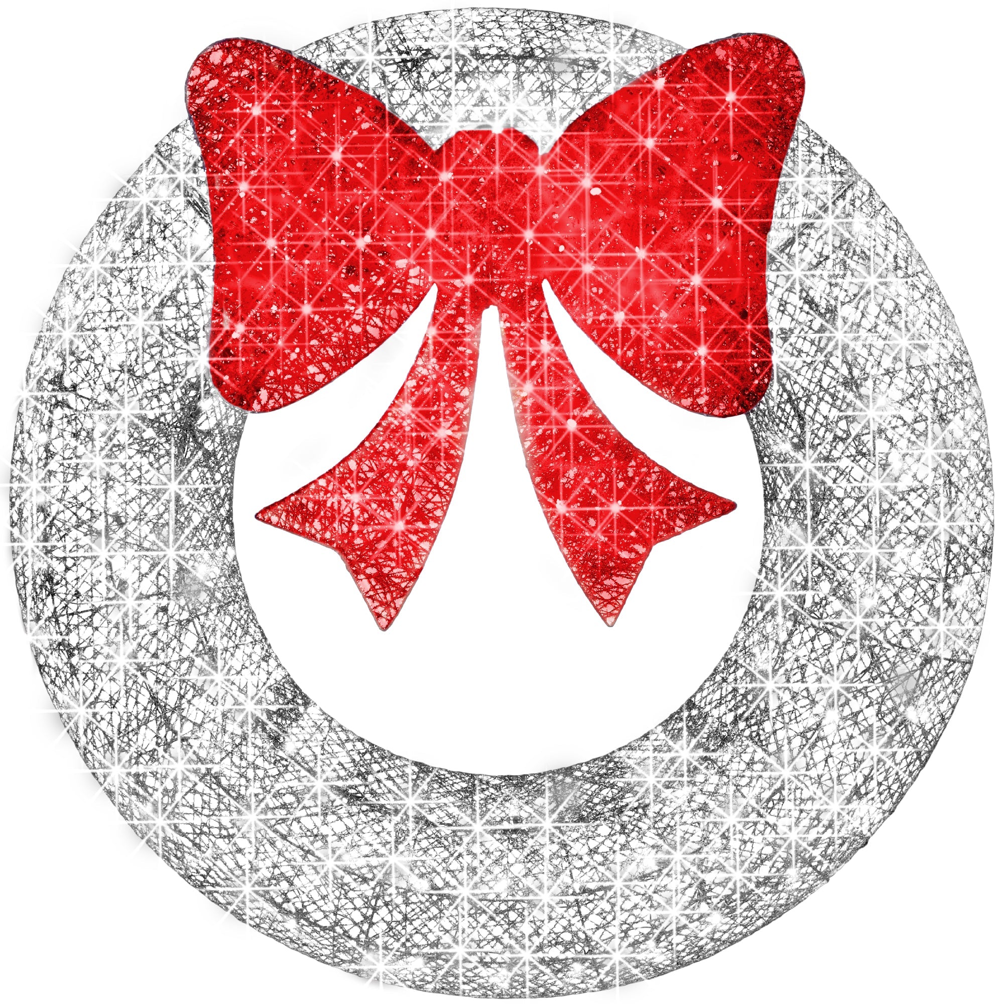 Pre-Lit Outdoor Christmas Wreath, LED Metal Holiday Decor w/ Bow - 30in - Silver/Red