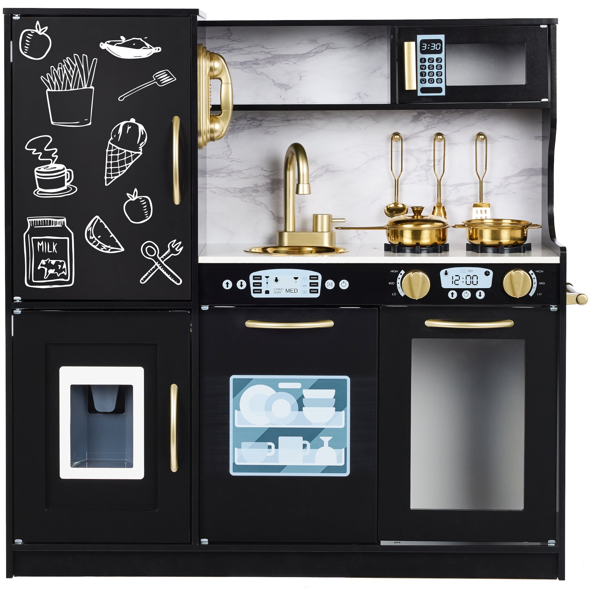 Pretend Play Kitchen Wooden Toy Set for Kids with 11 Accessories - Black