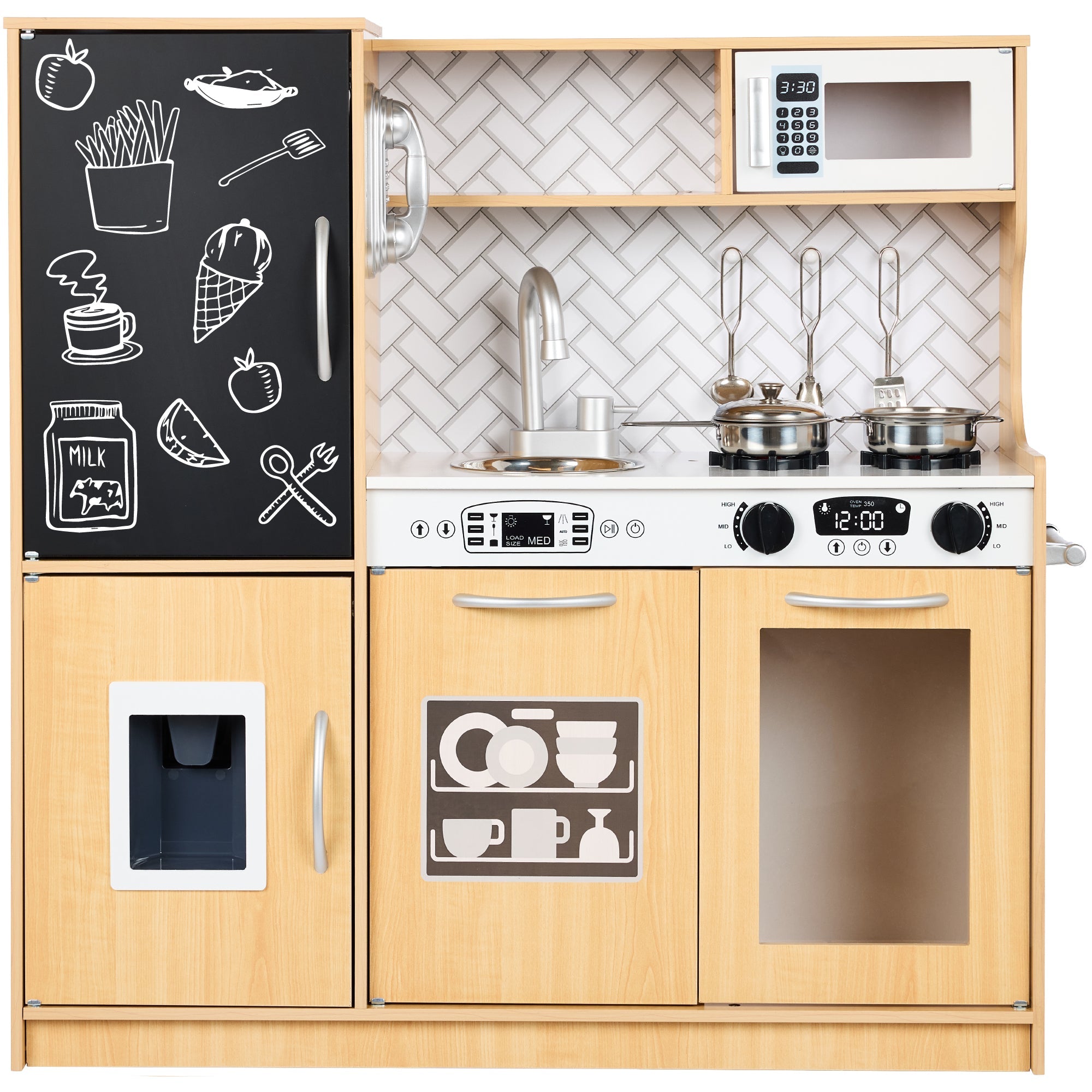 Pretend Play Kitchen Wooden Toy Set for Kids with 11 Accessories - Natural