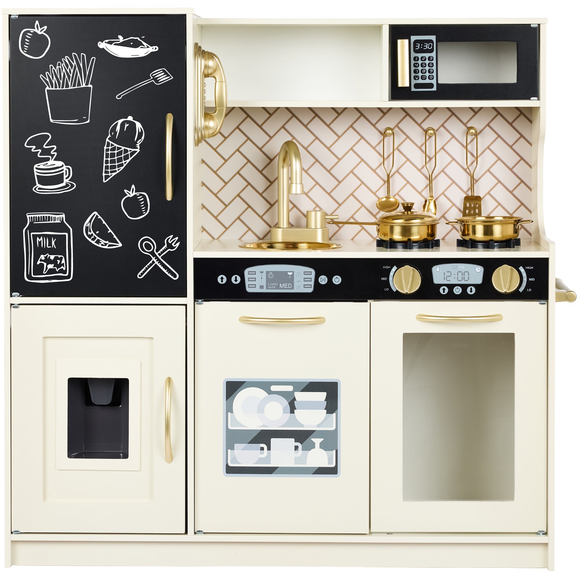 Pretend Play Kitchen Wooden Toy Set for Kids with 11 Accessories - Cream