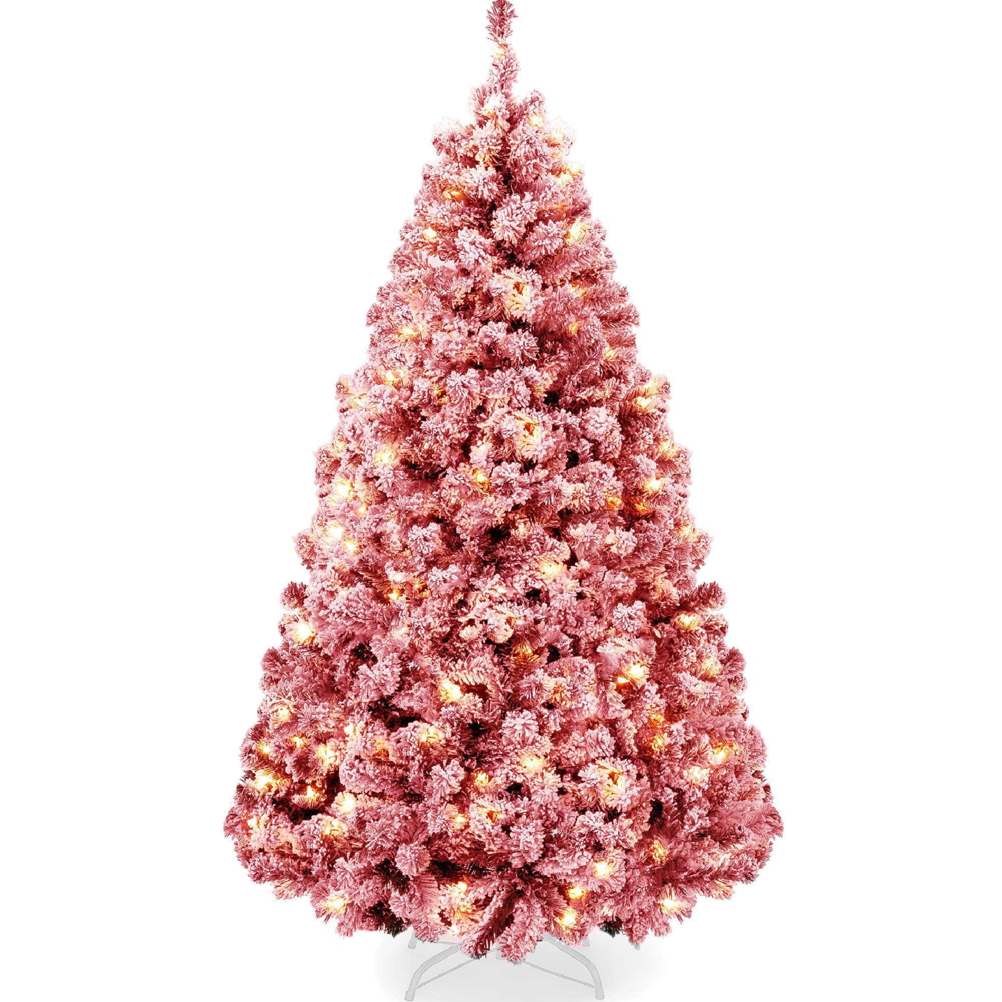 Pre-Lit Red Flocked Artificial Pine Christmas Tree w/ White Lights - 6ft