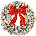 Pre-Lit Flocked Artificial Fir Christmas Wreath w/ Red Bow, LED Lights - 48in