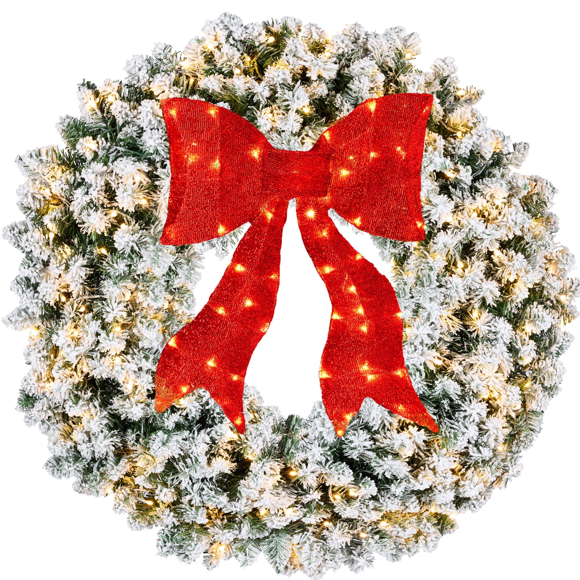 Pre-Lit Flocked Artificial Fir Christmas Wreath w/ Red Bow, LED Lights - 48in