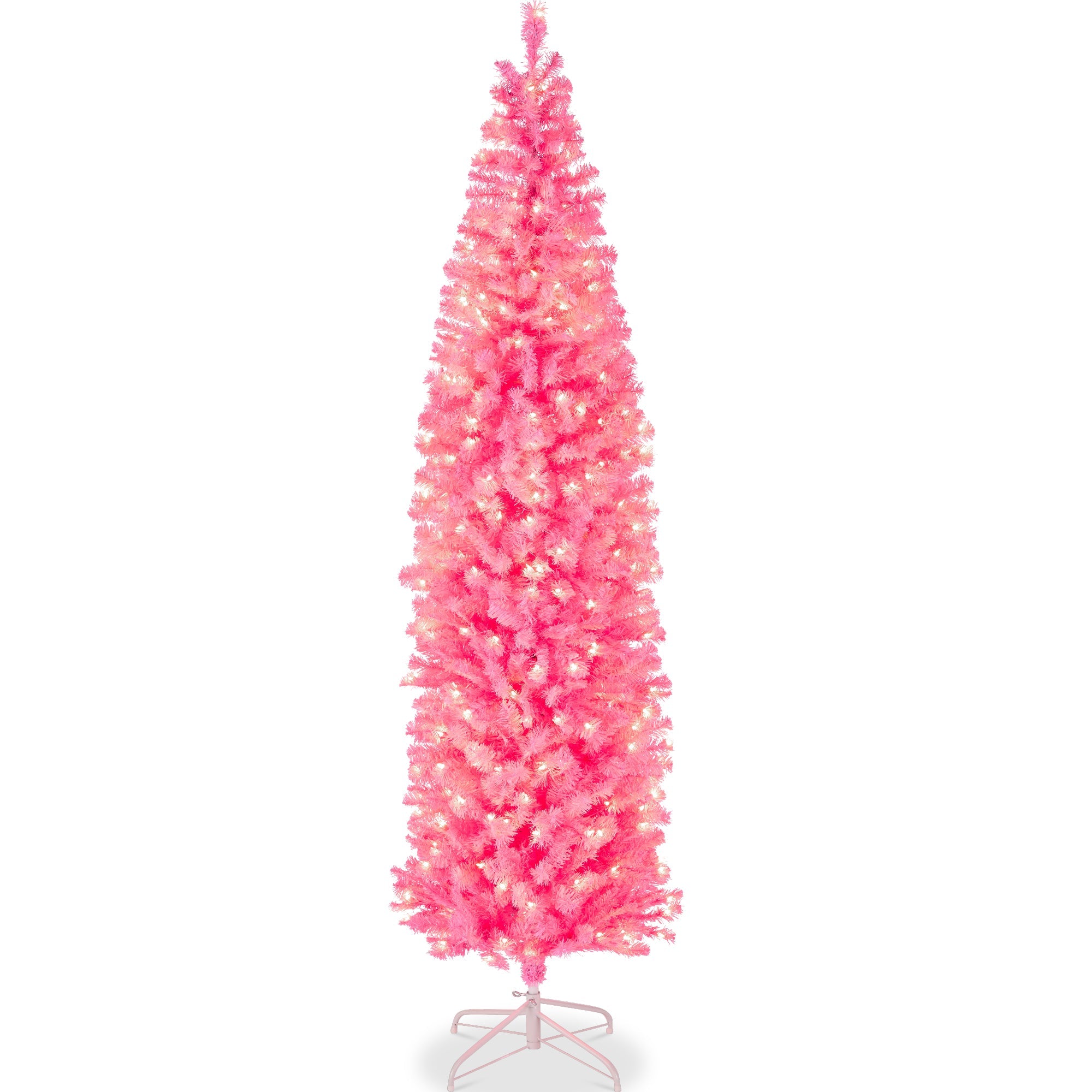 Pre-Lit Pink Artificial Pencil Holiday Tree w/ Warm White Lights, Stand - 12ft