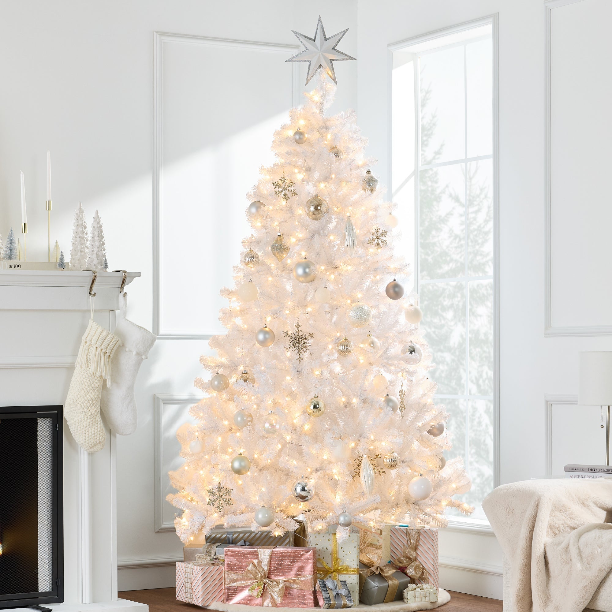 Prelit White Artificial Tinsel Christmas Tree w/ Foldable Stand - 6ft
