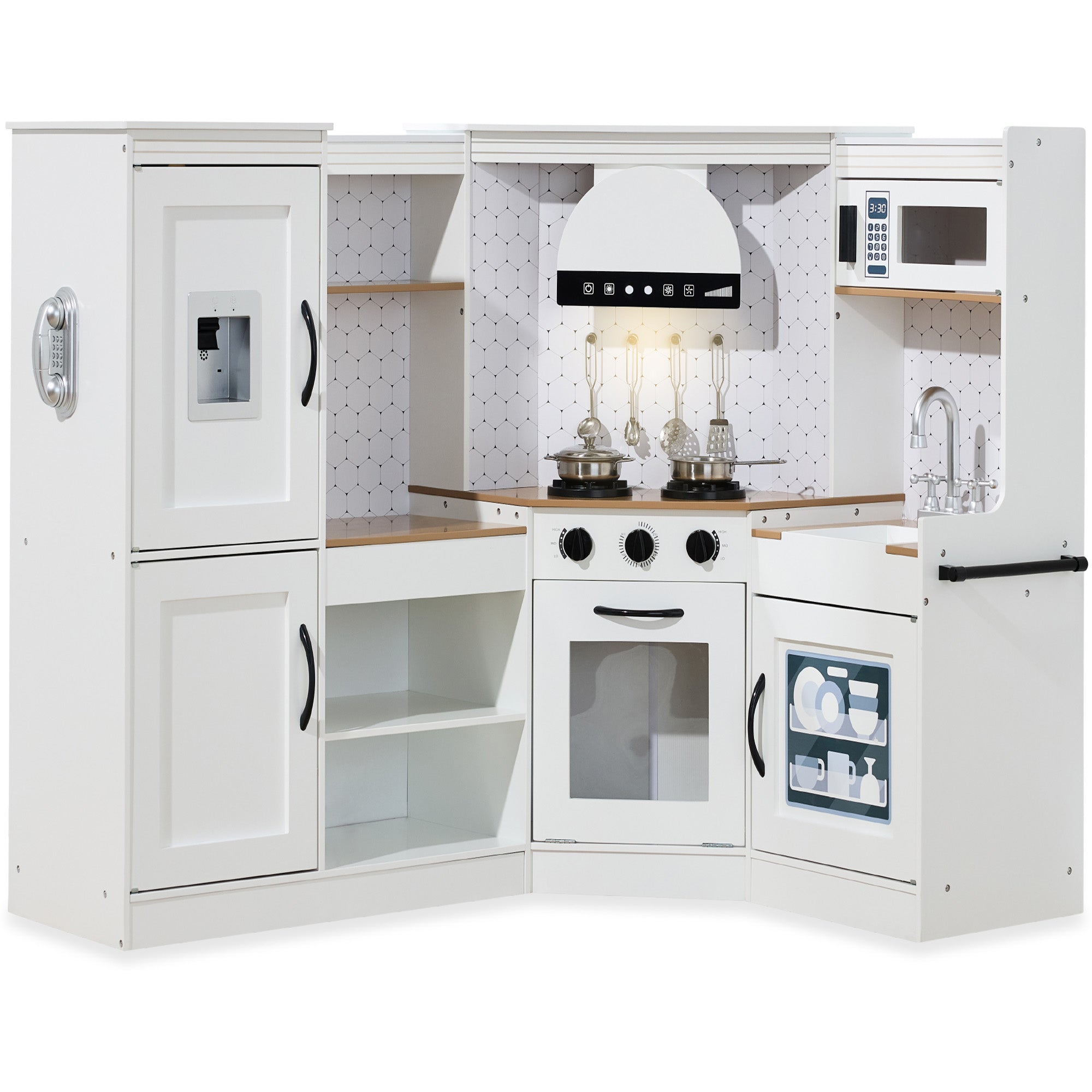 Pretend Play Corner Kitchen Wooden Toy Set for Kids w/ Lights, Sounds - Farmhouse White
