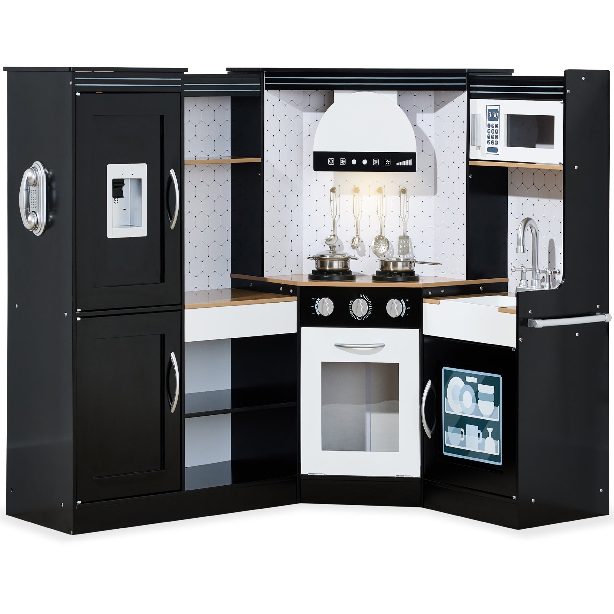 Pretend Play Corner Kitchen Wooden Toy Set for Kids w/ Lights, Sounds - Black
