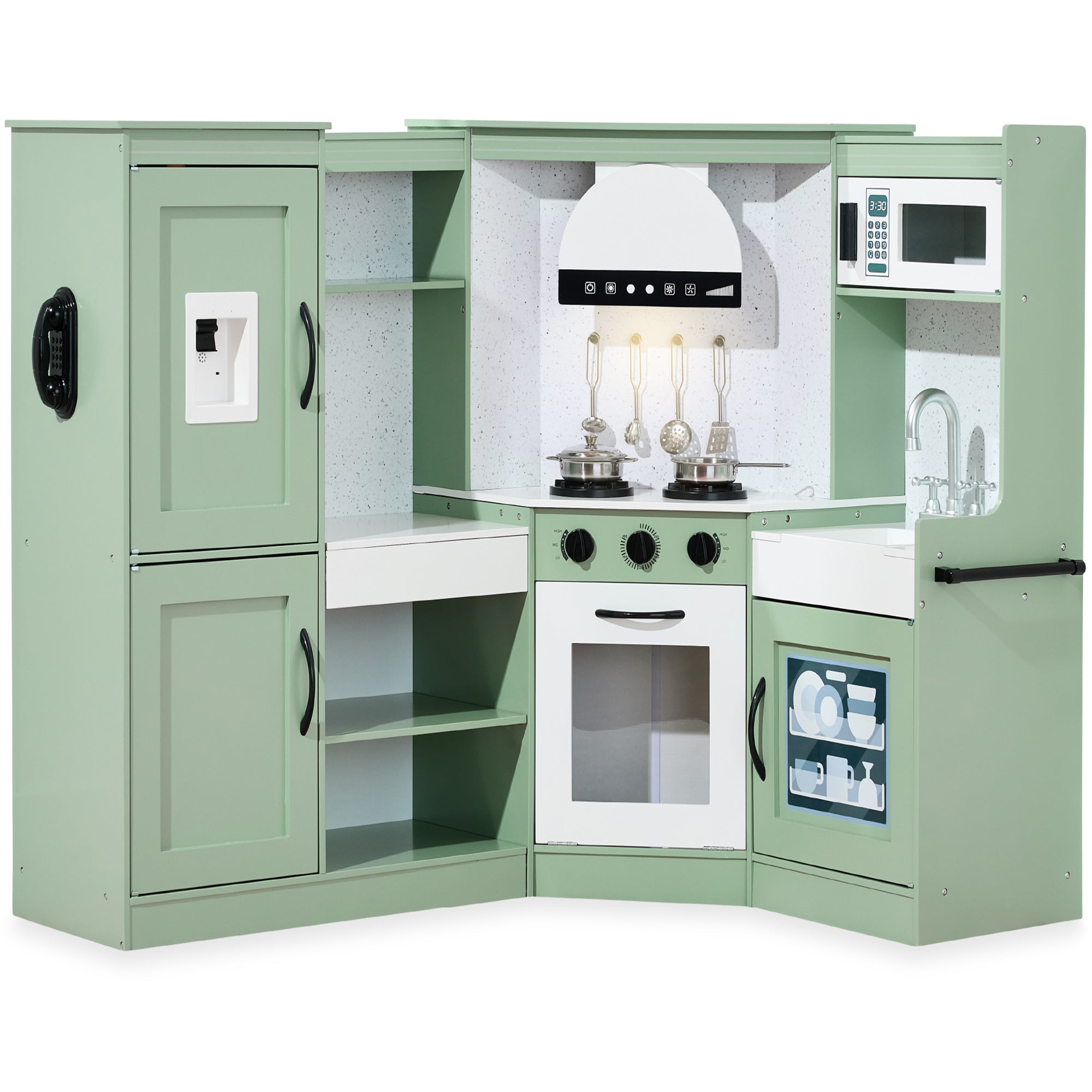 Pretend Play Corner Kitchen Wooden Toy Set for Kids w/ Lights, Sounds - Sage