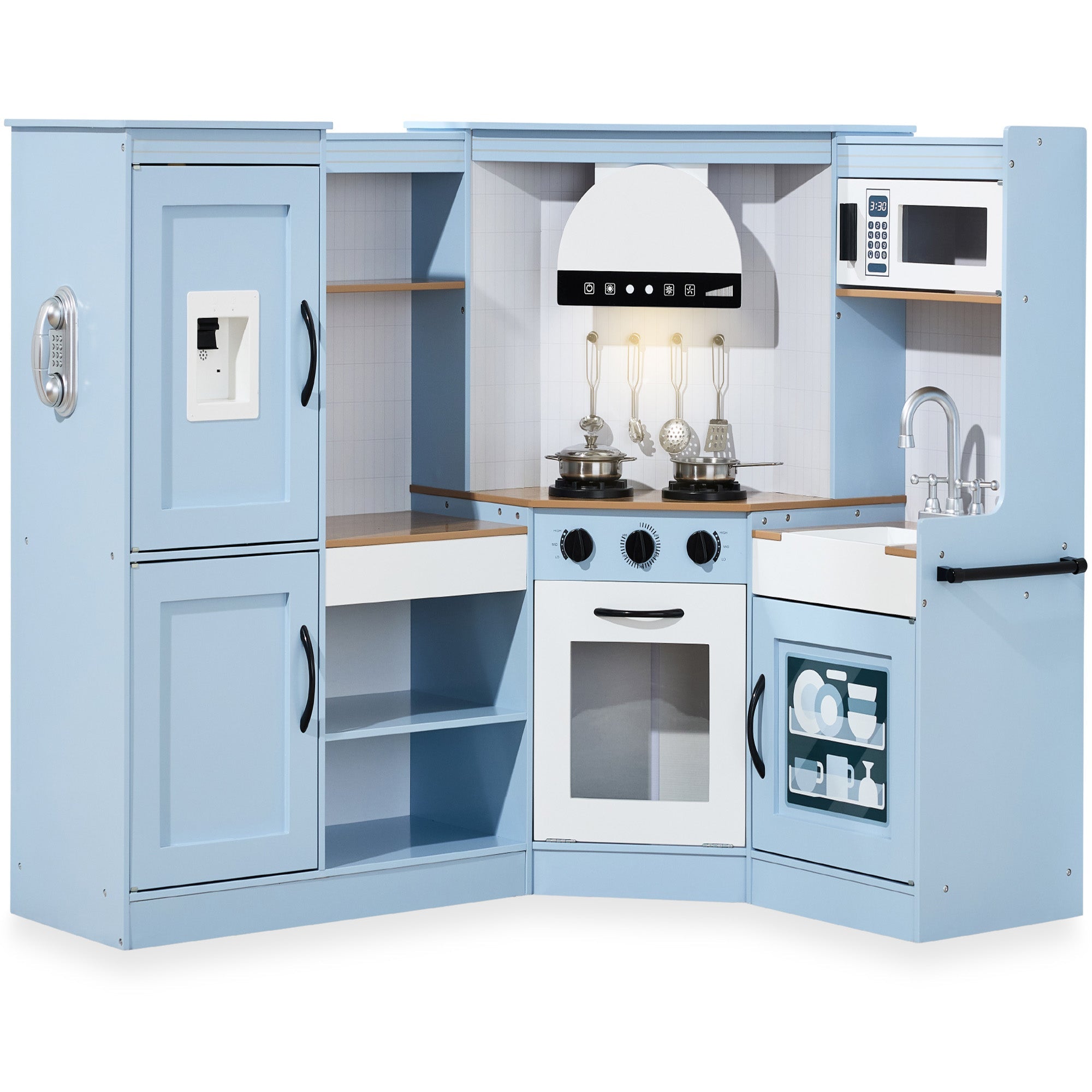 Pretend Play Corner Kitchen Wooden Toy Set for Kids w/ Lights, Sounds - Coastal Blue