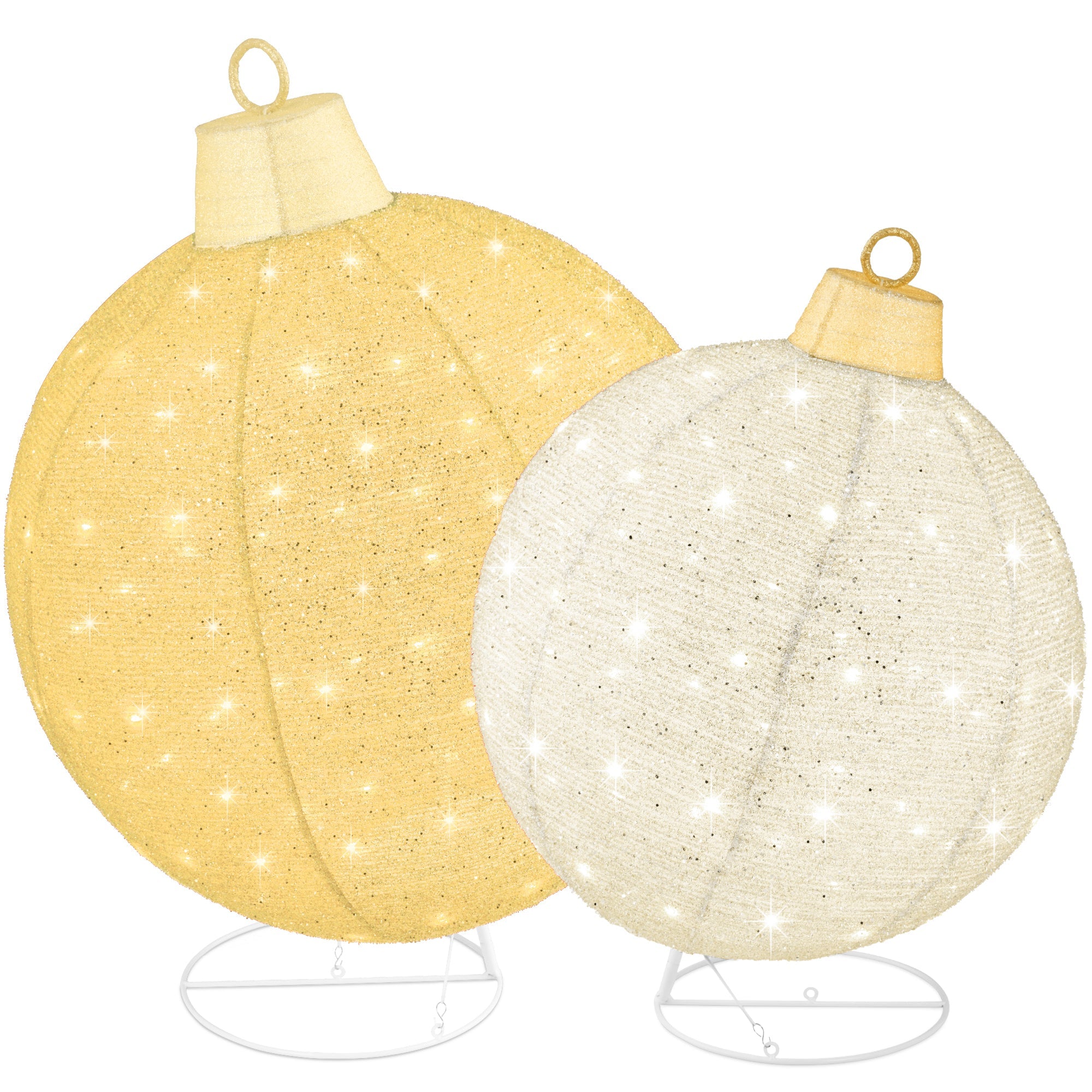 2pc Lighted Pop-Up Christmas Ornaments Decoration w/ 180 LED Lights, Stand - Gold/White