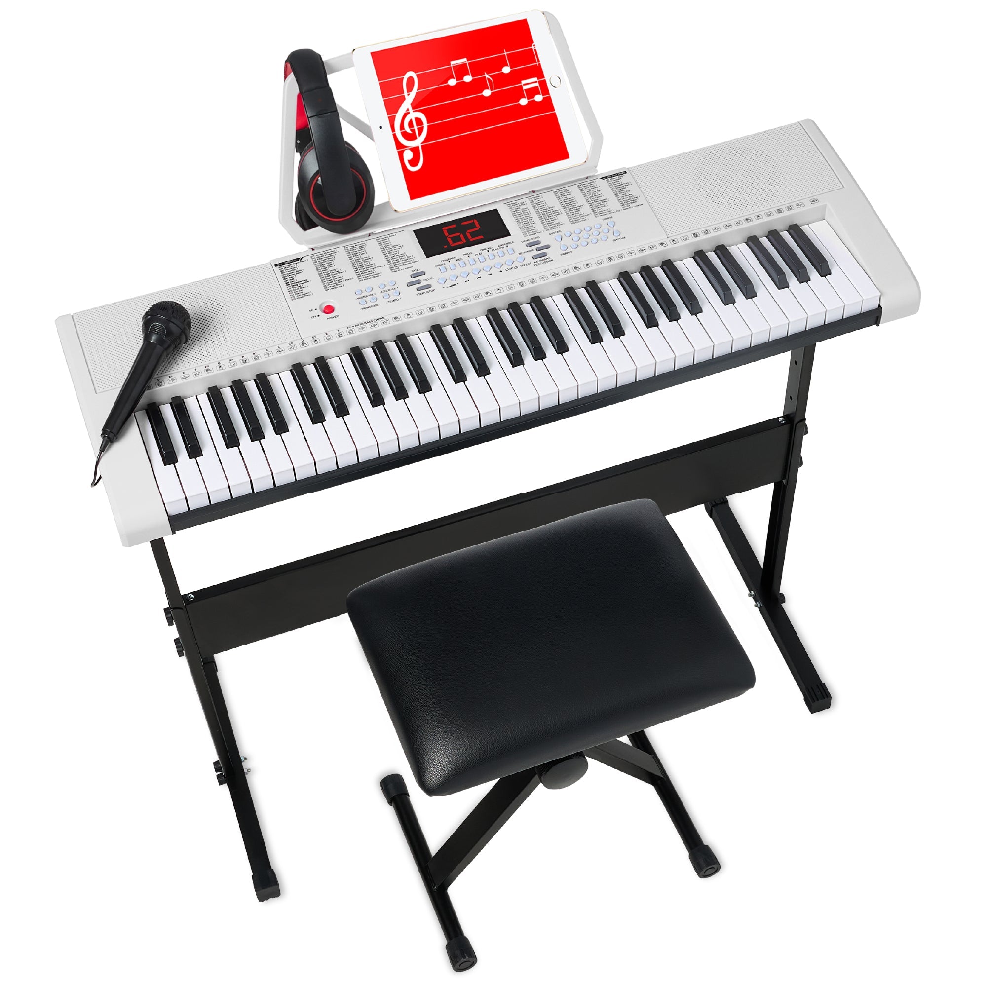 61-Key Beginners Electronic Keyboard Piano Set w/ 3 Modes, Microphone - White
