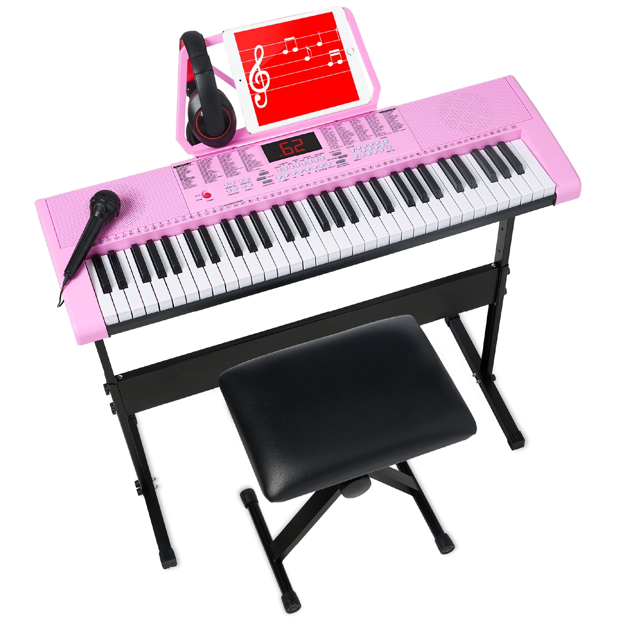61-Key Beginners Electronic Keyboard Piano Set w/ 3 Modes, Microphone - Pink