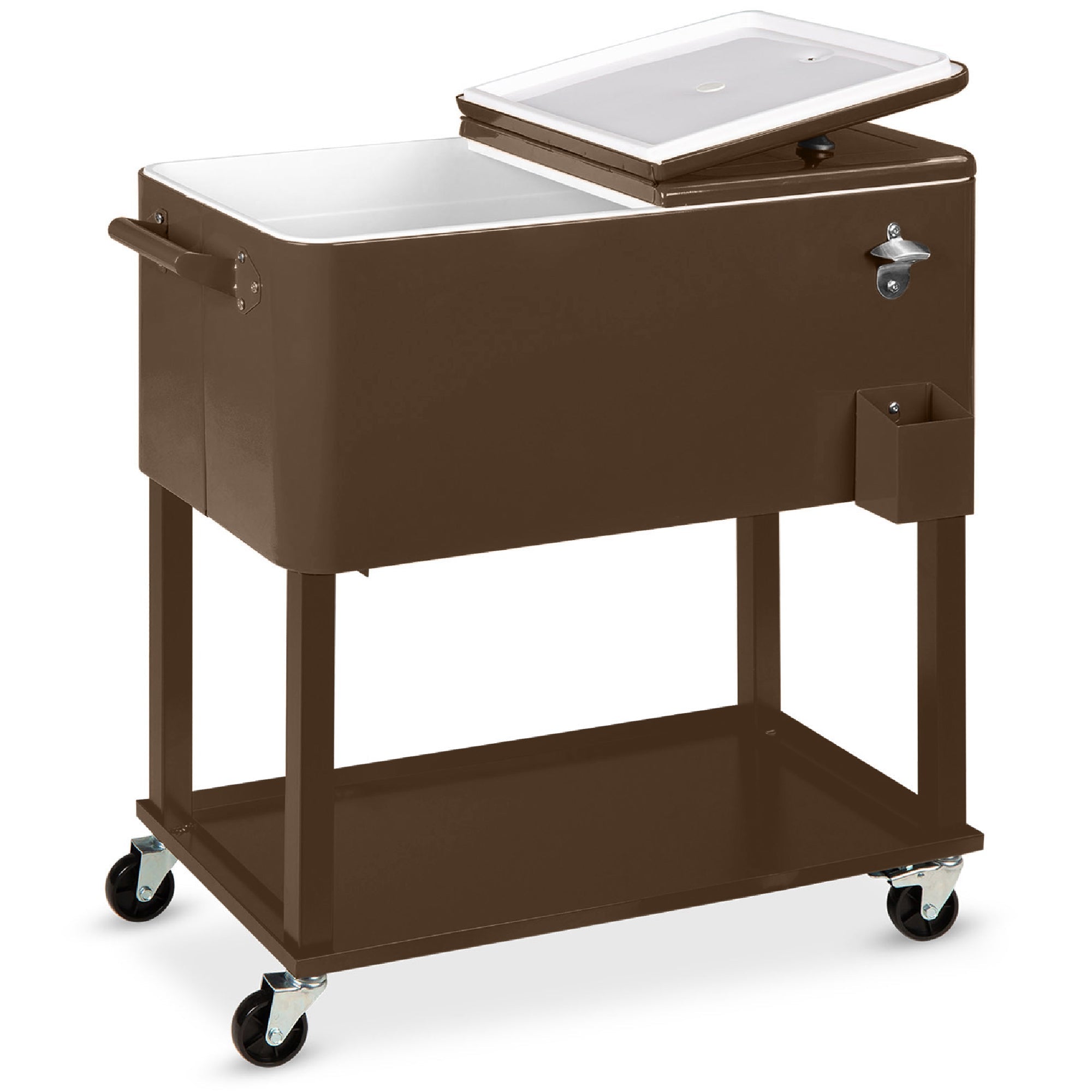 Portable Rolling Cooler Cart w/ Bottle Opener, Catch Tray - 80qt - Brown