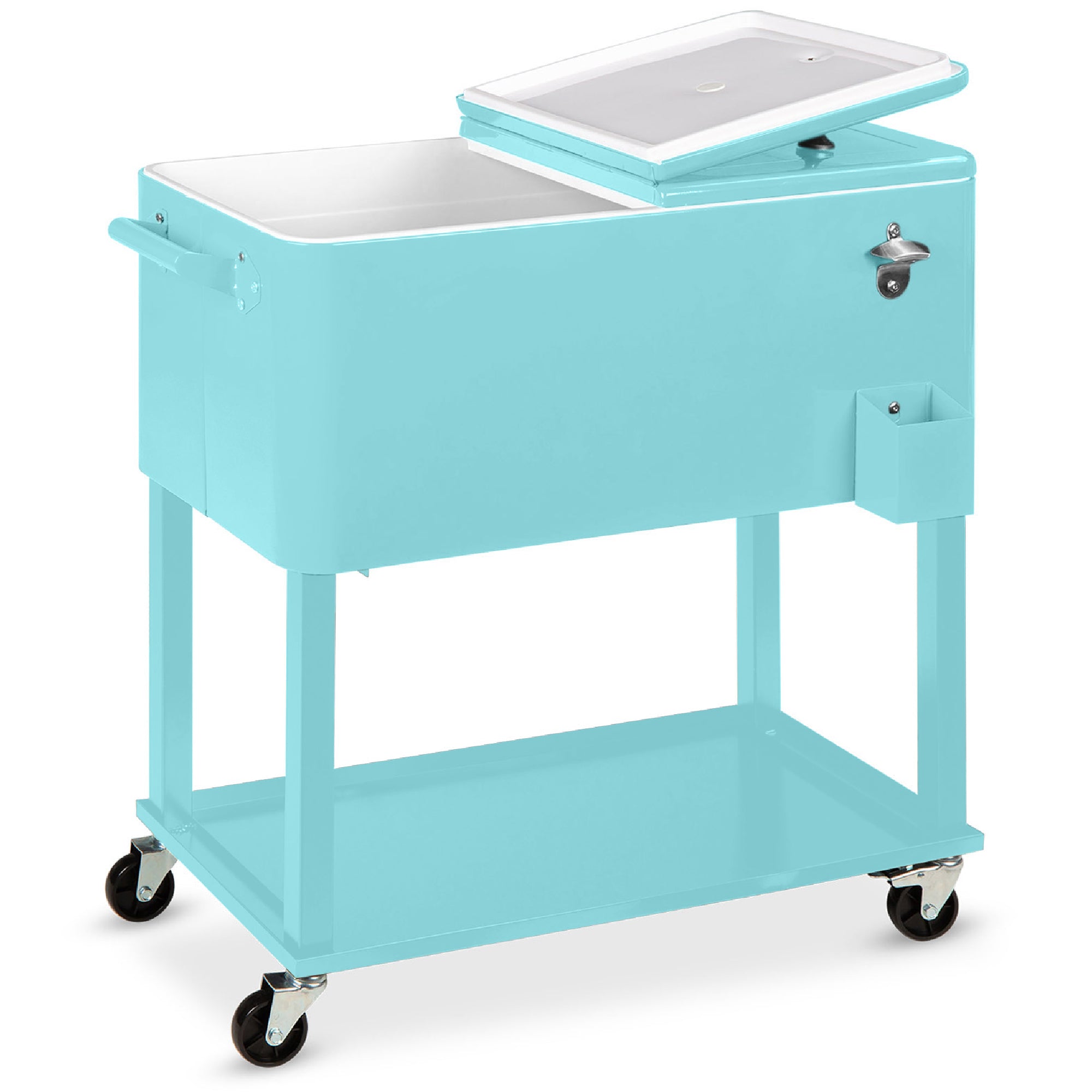 Portable Rolling Cooler Cart w/ Bottle Opener, Catch Tray - 80qt - Turquoise