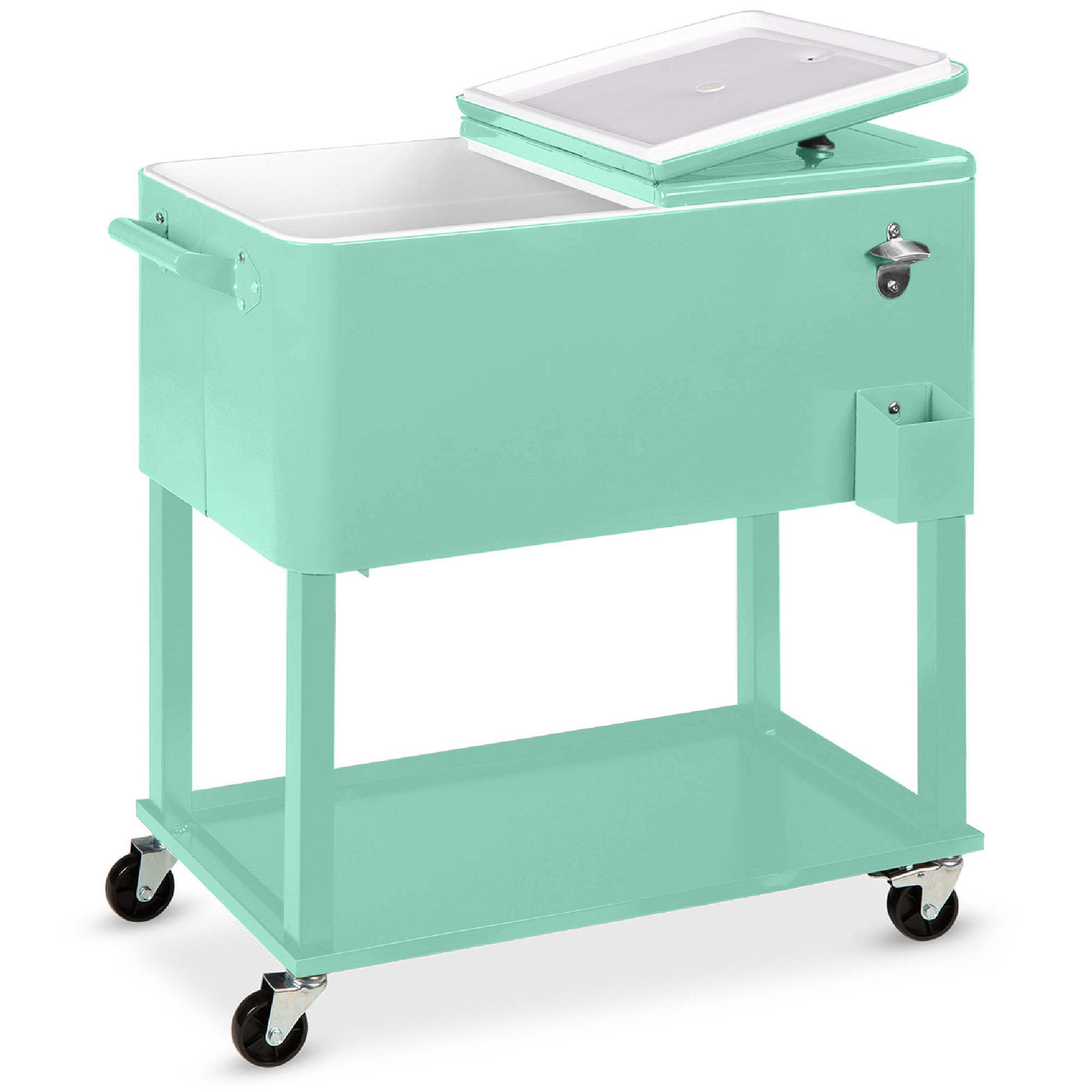 Portable Rolling Cooler Cart w/ Bottle Opener, Catch Tray - 80qt - Mint