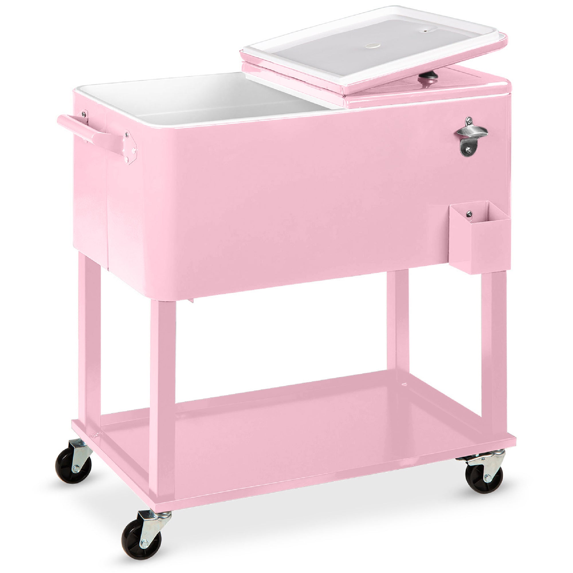 Portable Rolling Cooler Cart w/ Bottle Opener, Catch Tray - 80qt - Pink