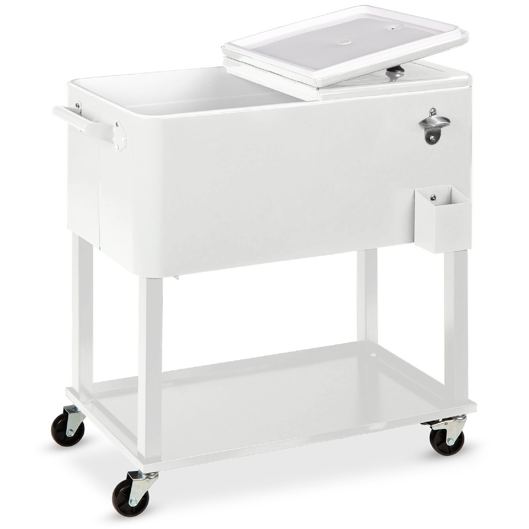 Portable Rolling Cooler Cart w/ Bottle Opener, Catch Tray - 80qt - White