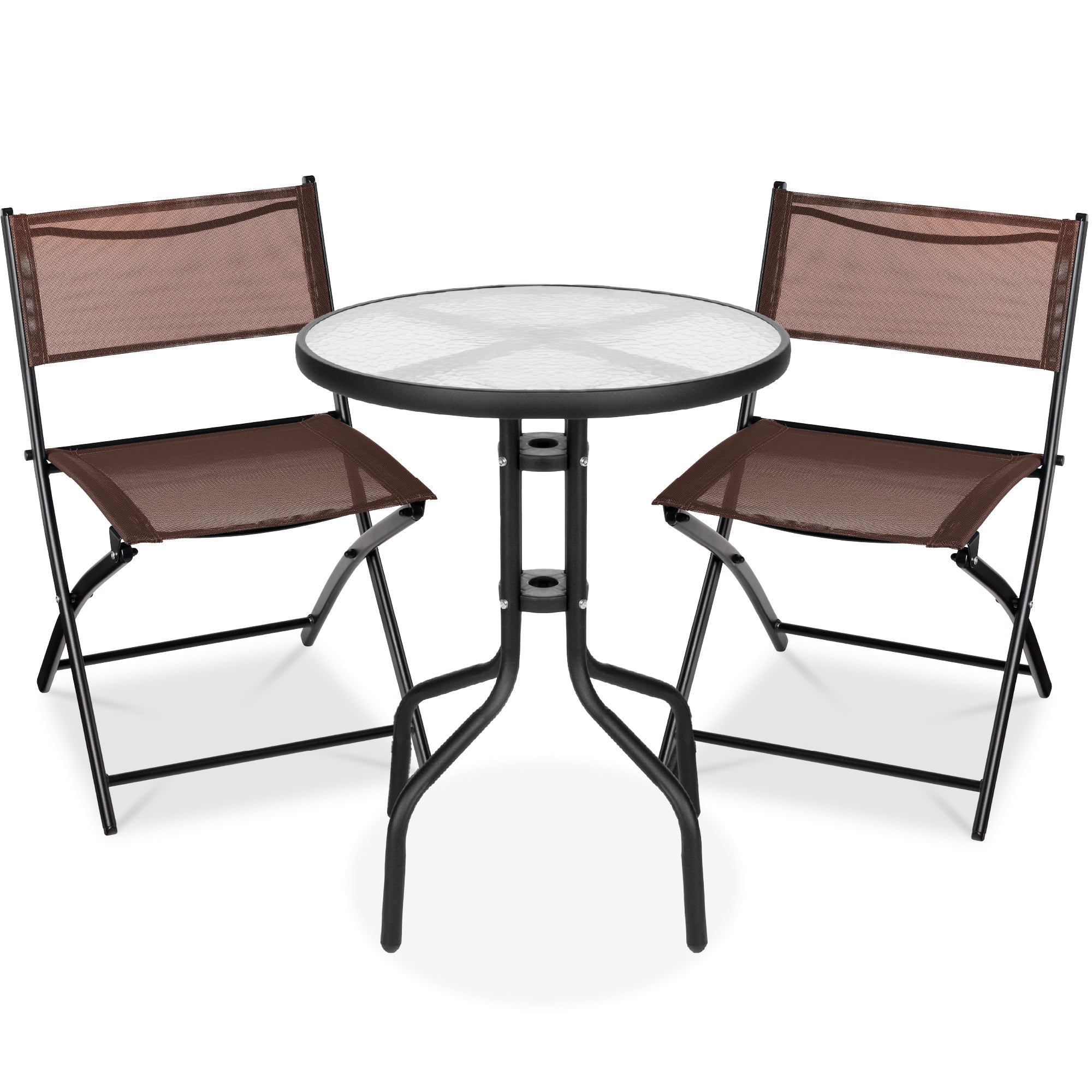 3-Piece Bistro Set w/ Glass Table, 2 Foldable Chairs - Brown