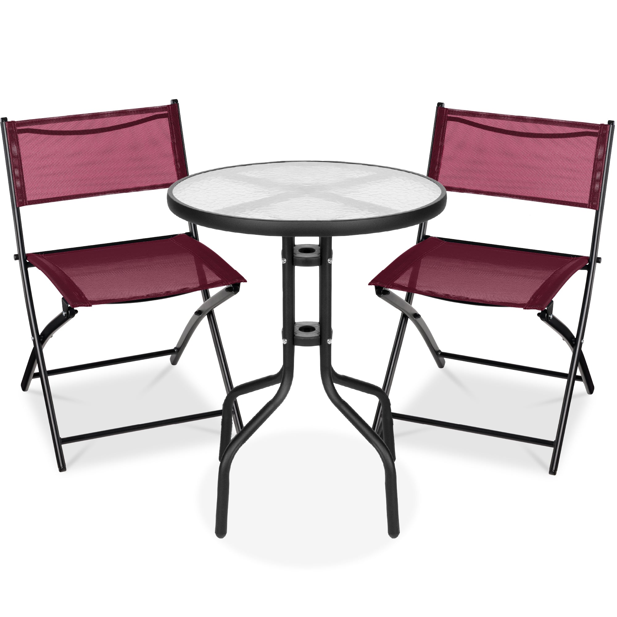 3-Piece Bistro Set w/ Glass Table, 2 Foldable Chairs - Burgundy