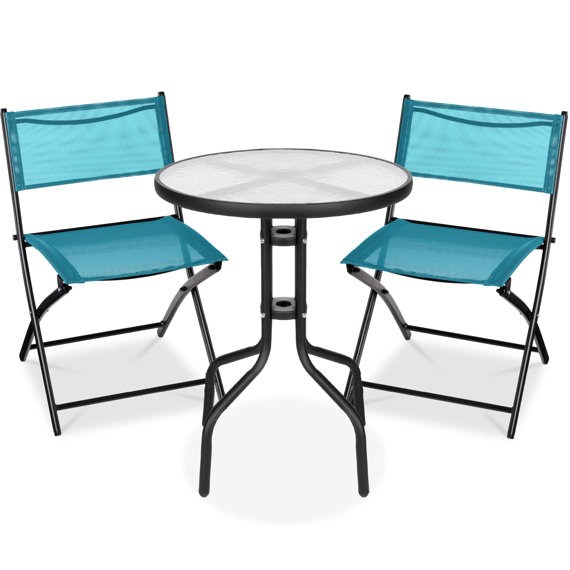 3-Piece Bistro Set w/ Glass Table, 2 Foldable Chairs - Peacock