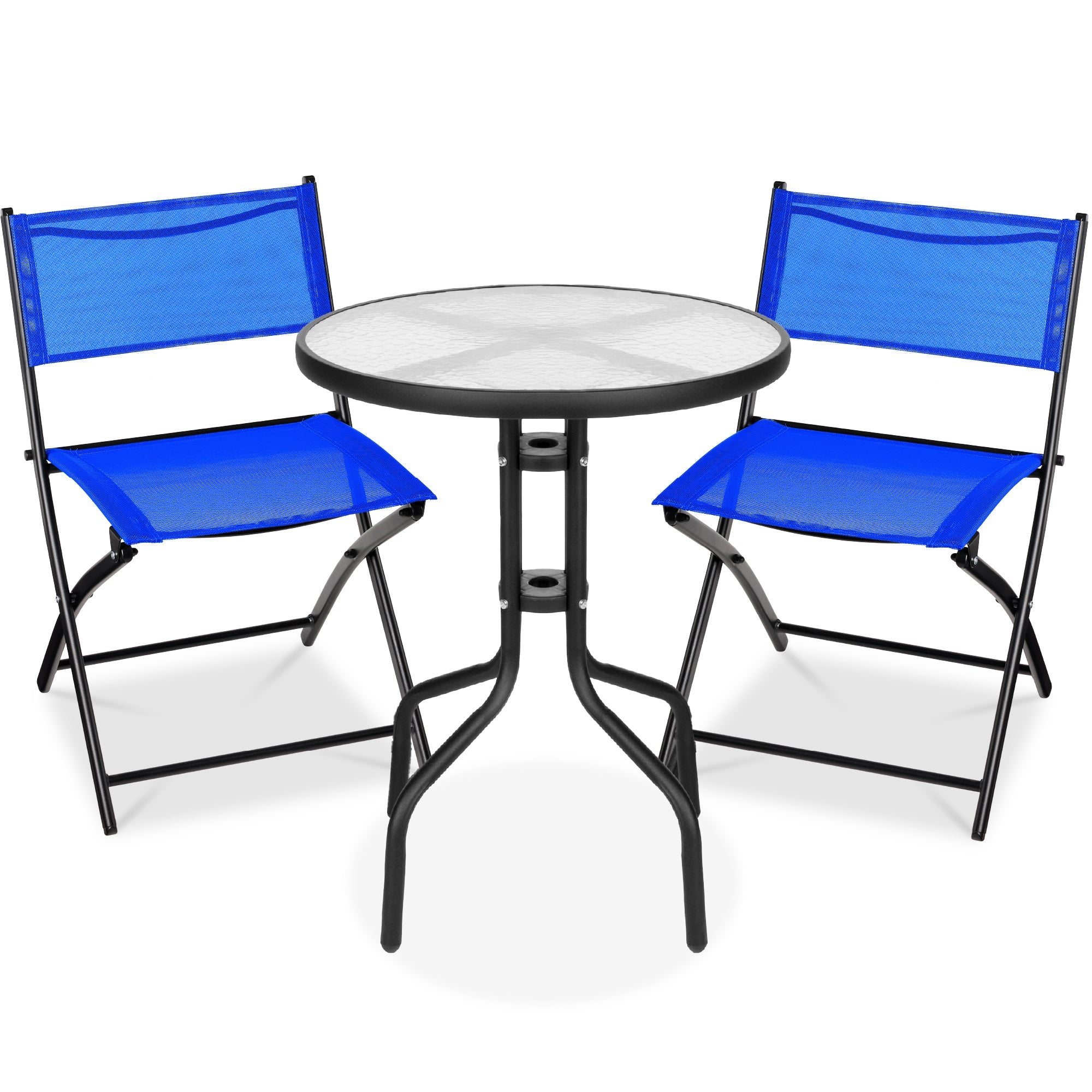 3-Piece Bistro Set w/ Glass Table, 2 Foldable Chairs - Resort Blue