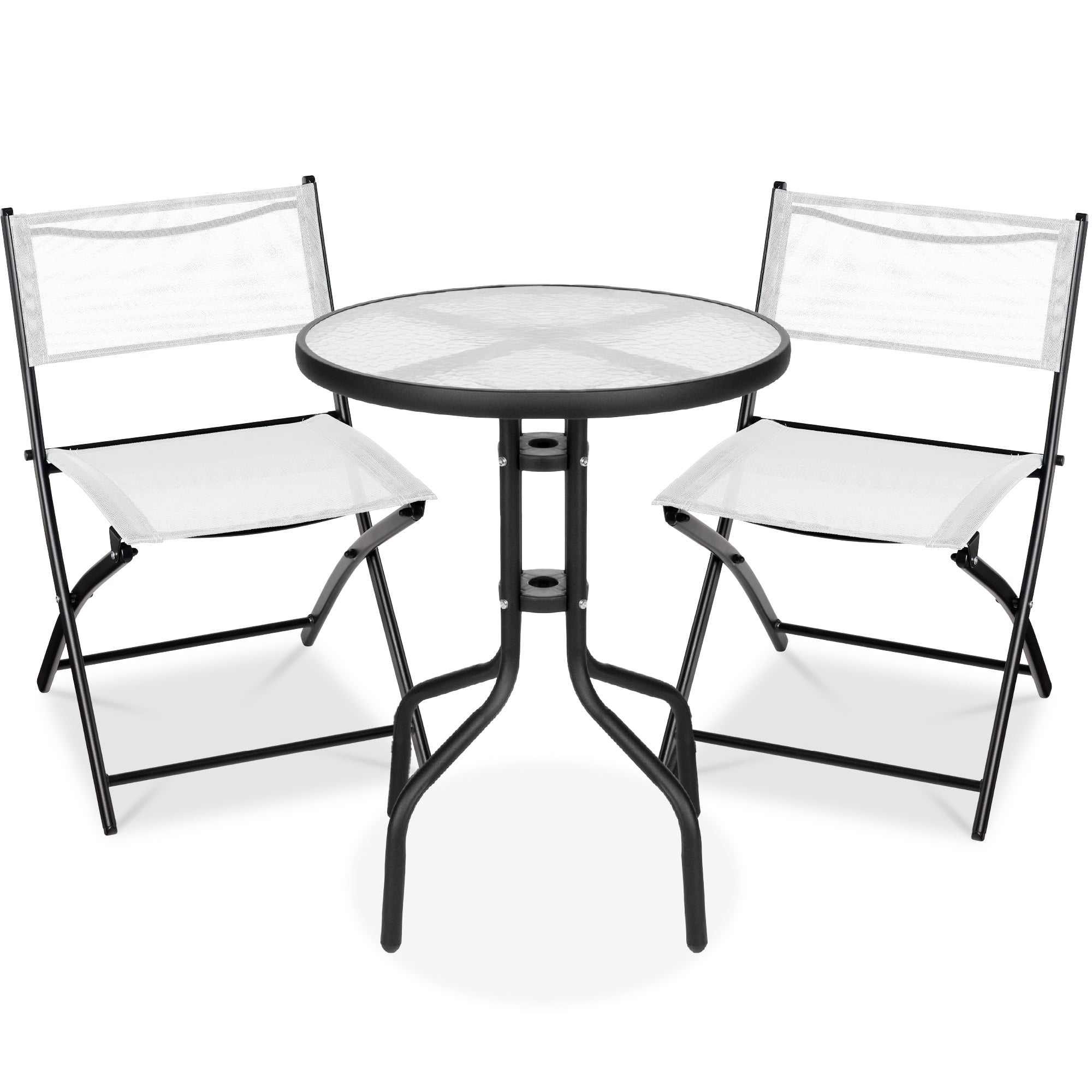 3-Piece Bistro Set w/ Glass Table, 2 Foldable Chairs - White