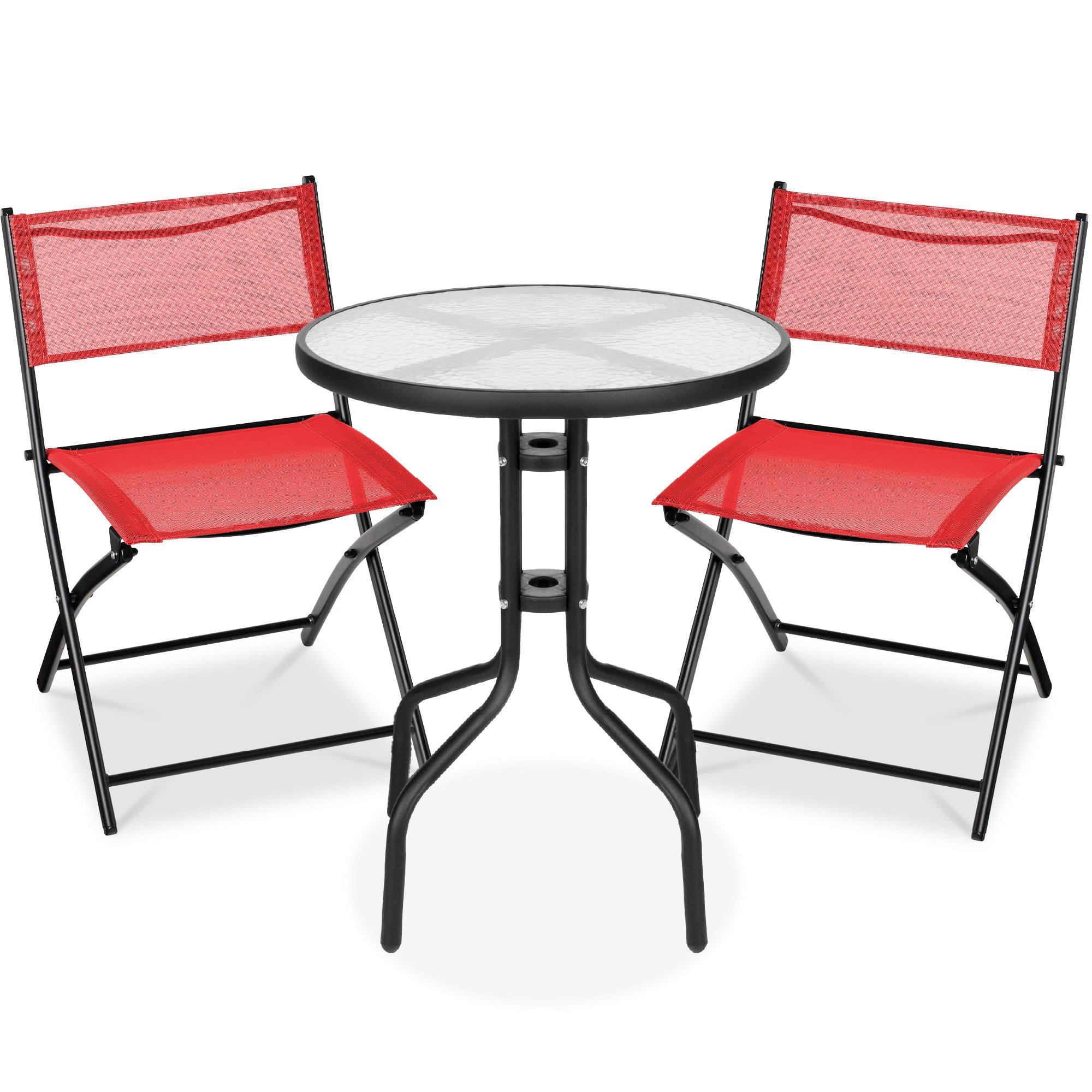 3-Piece Bistro Set w/ Glass Table, 2 Foldable Chairs - Red