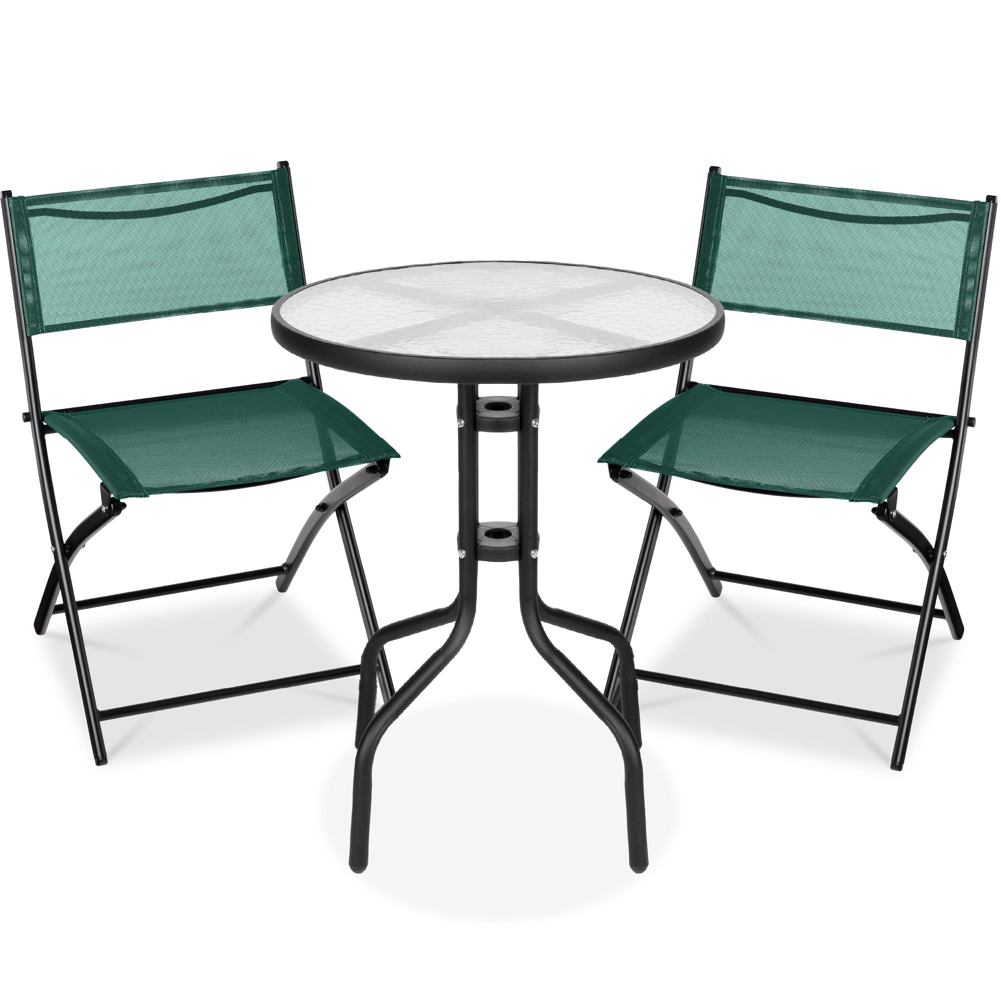 3-Piece Bistro Set w/ Glass Table, 2 Foldable Chairs - Dark Green