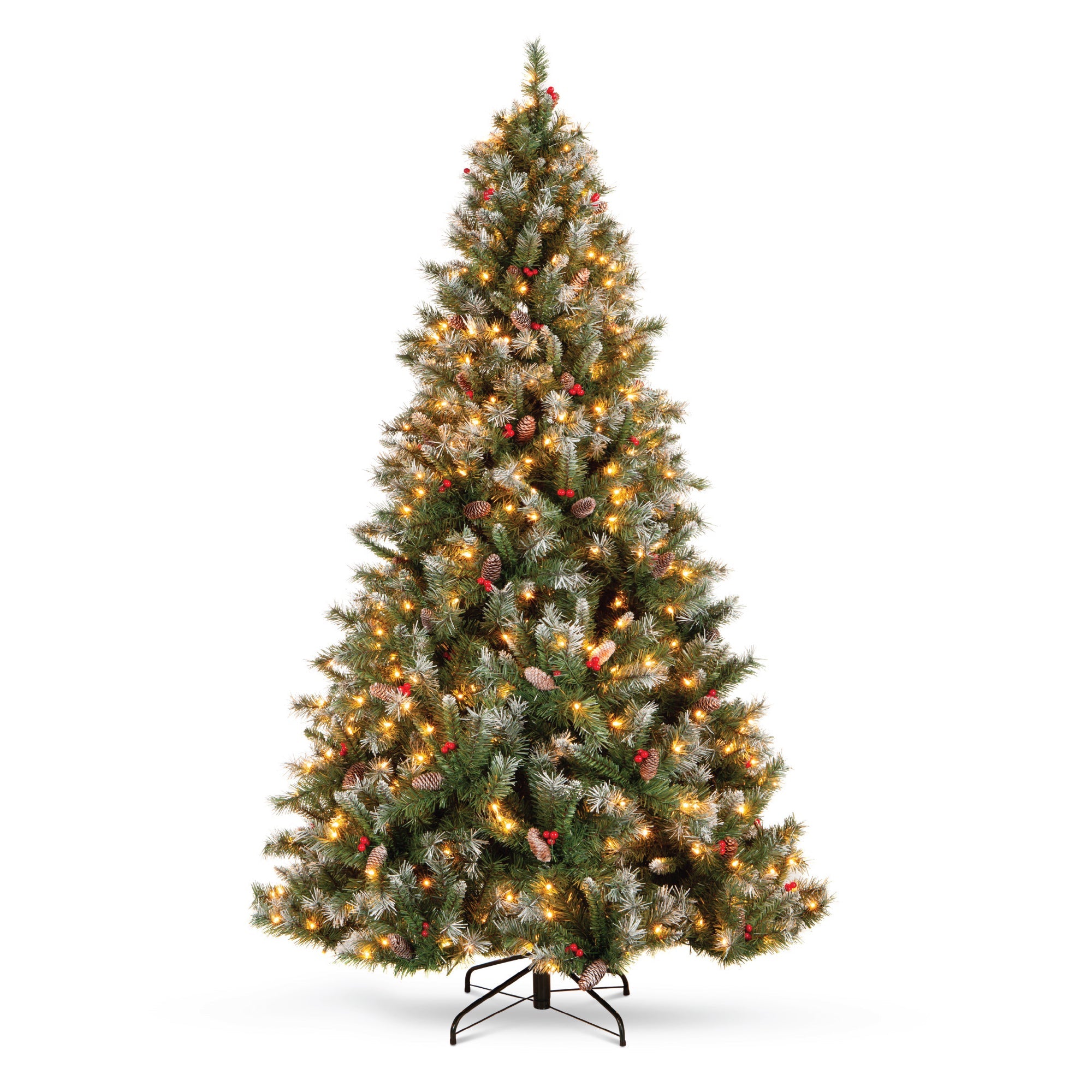 Pre-Lit Christmas Pine Tree w/ Pine Cones, Flocked Branch Tips, Berries - 12ft