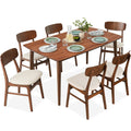 7-Piece Mid-Century Modern Dining Set, Wood Upholstered w/ 6 Chairs - Walnut/Cream