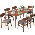 7-Piece Mid-Century Modern Dining Set, Wood Upholstered w/ 6 Chairs - Walnut/Gray